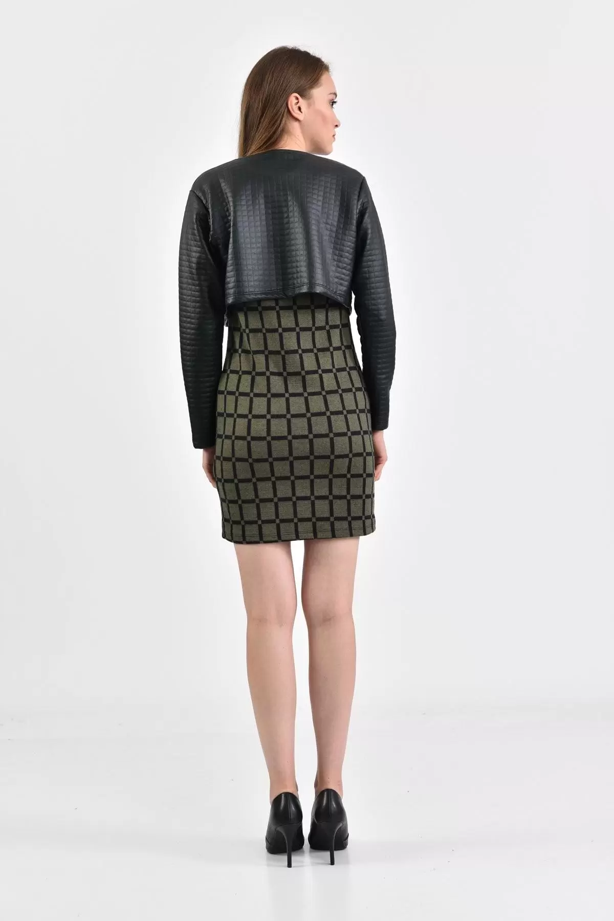 Deri Ceketli Siyah Kare Desenli Bisiklet Yaka Haki Kadın Elbise