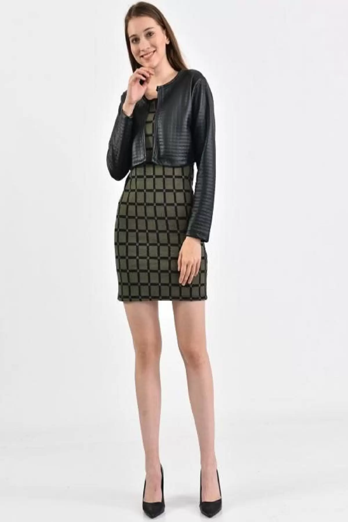 Deri Ceketli Siyah Kare Desenli Bisiklet Yaka Haki Kadın Elbise