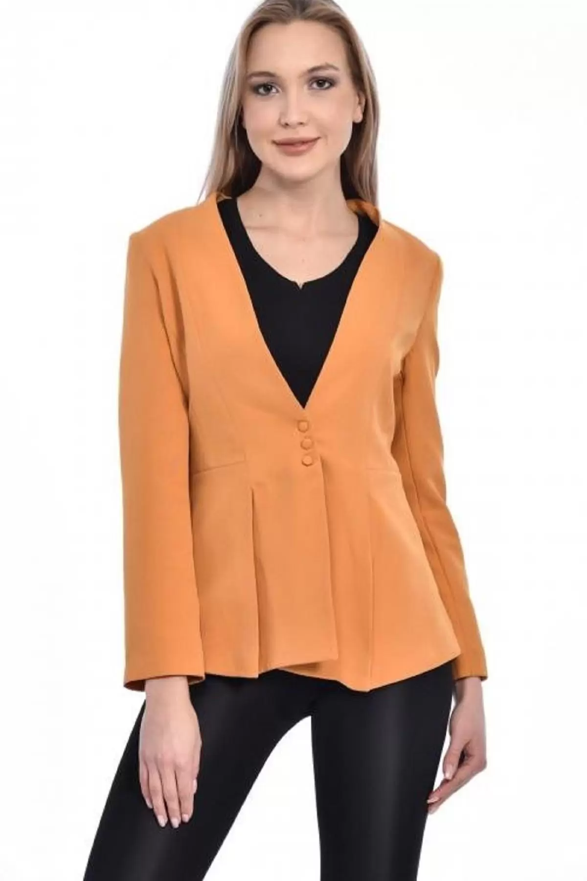 Düğme ve Pile Detaylı Blazer Hardal Kadın Ceket