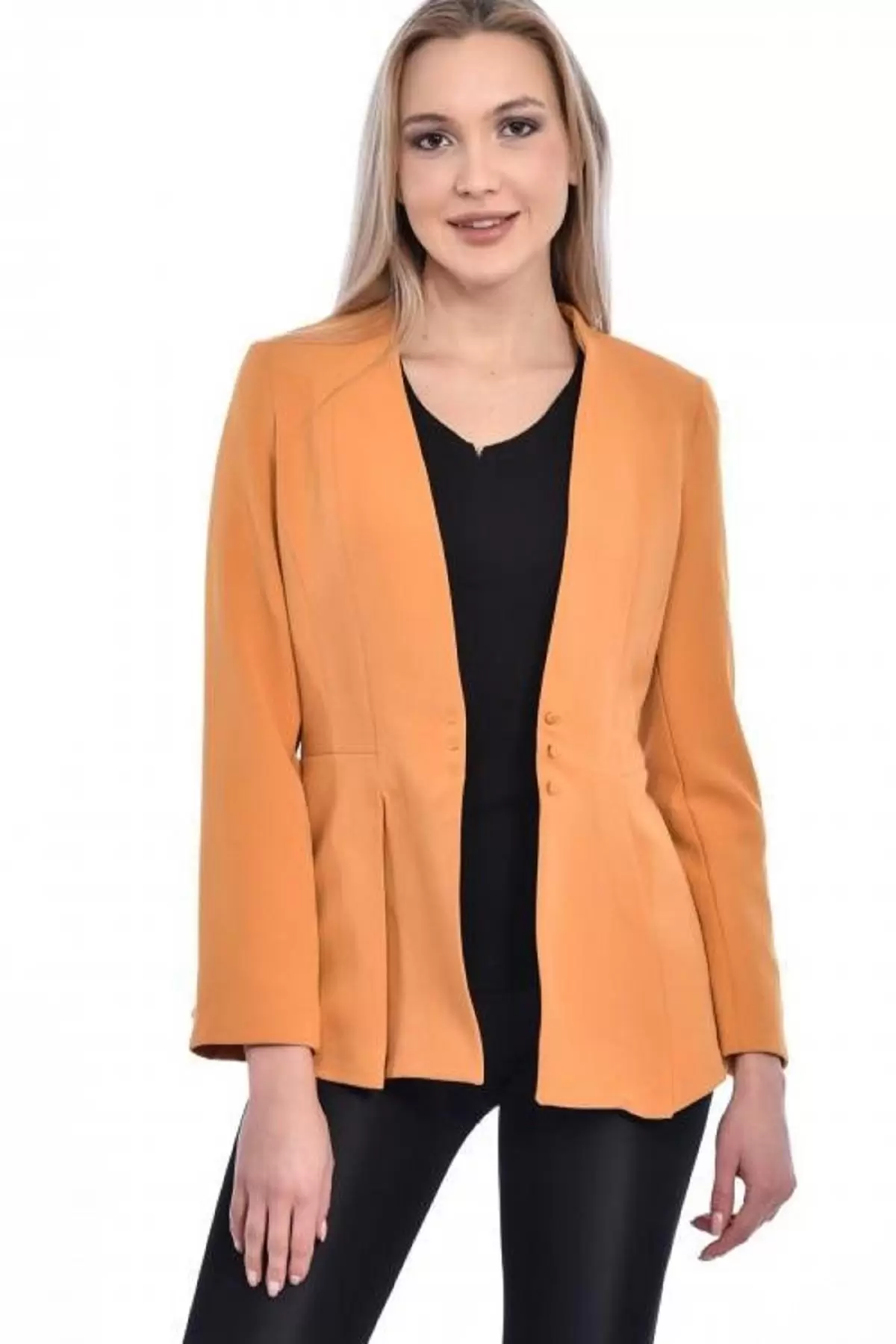 Düğme ve Pile Detaylı Blazer Hardal Kadın Ceket
