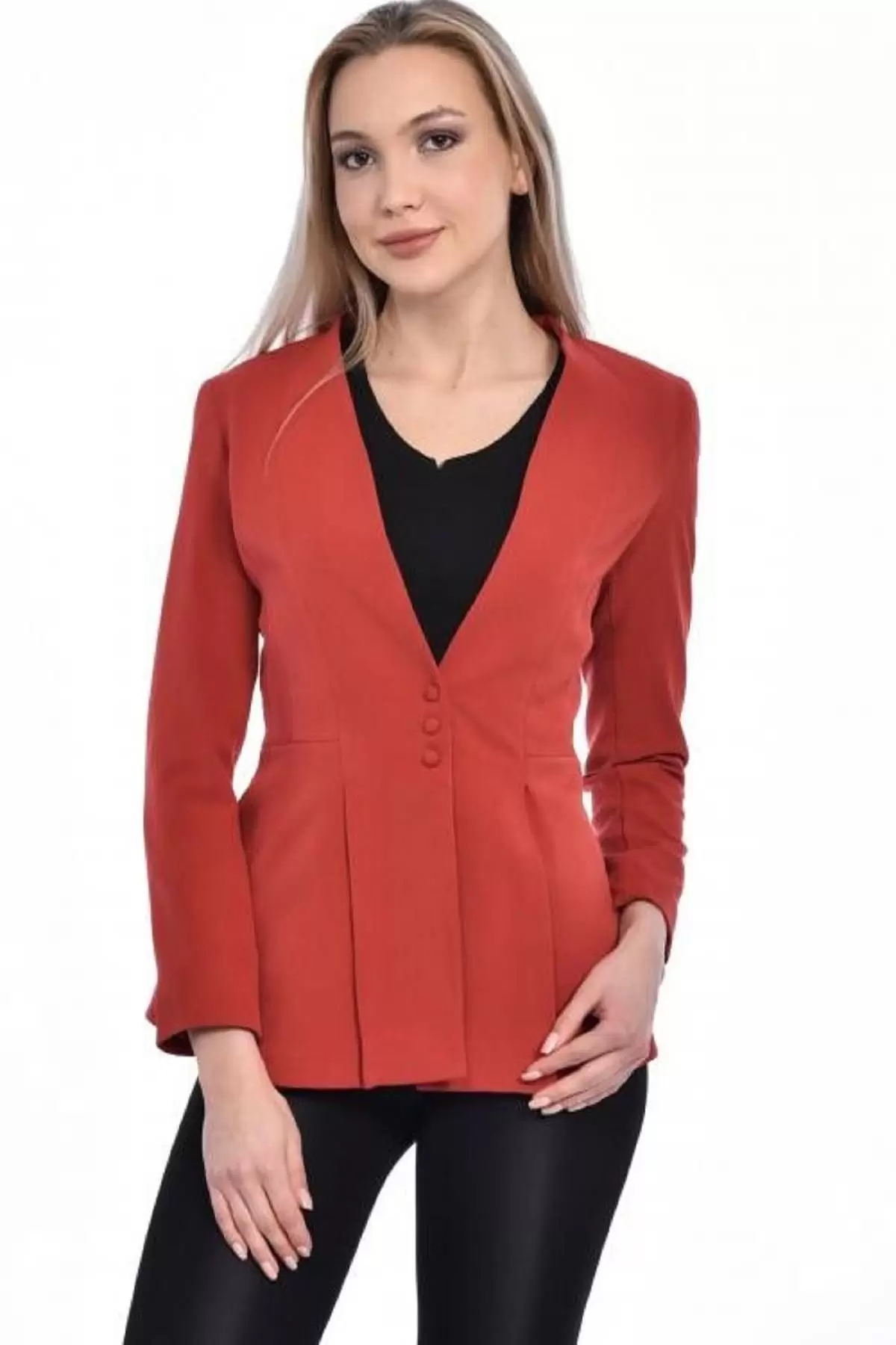 Düğme ve Pile Detaylı Blazer Kiremit Kadın Ceket
