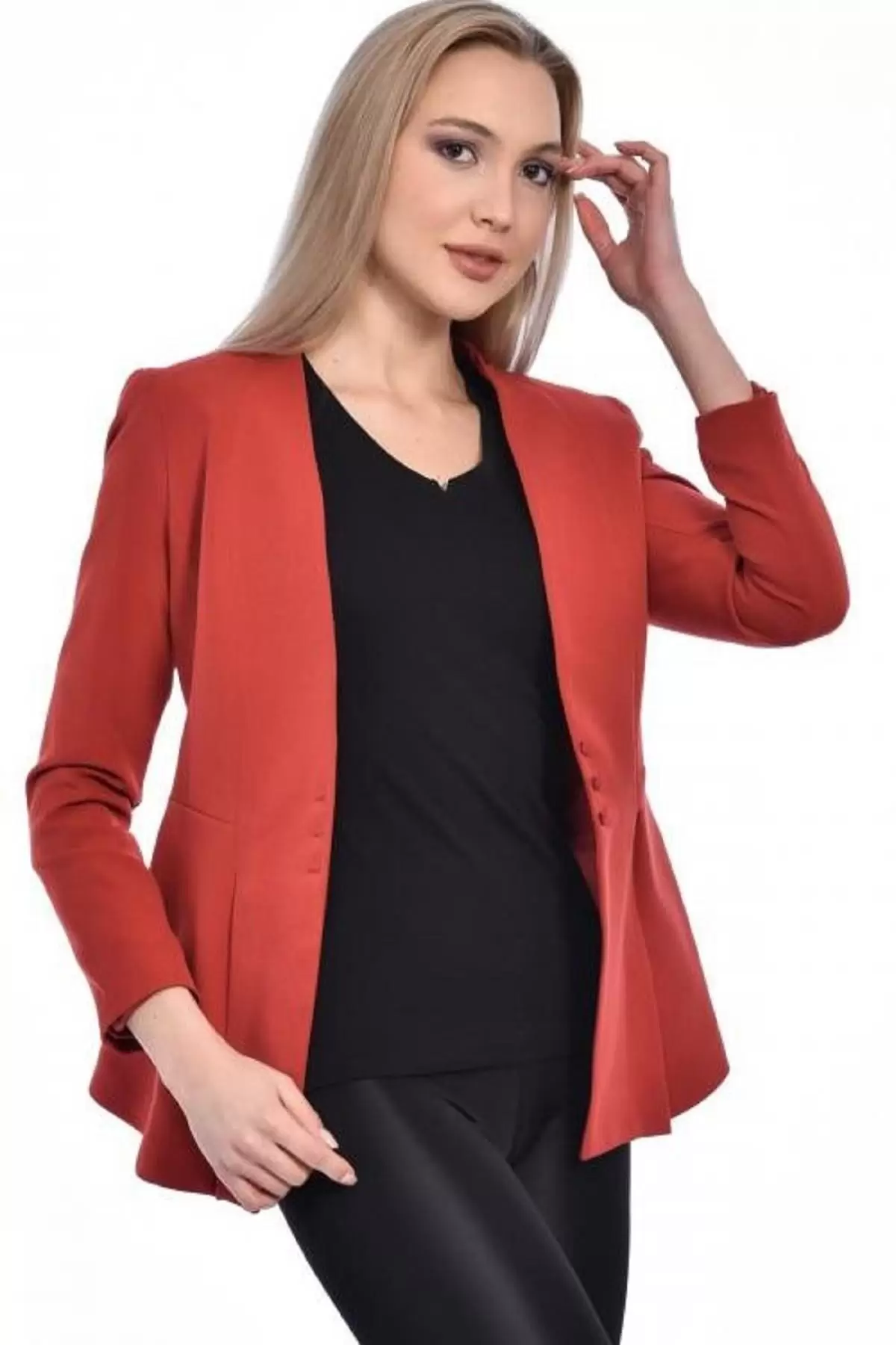 Düğme ve Pile Detaylı Blazer Kiremit Kadın Ceket