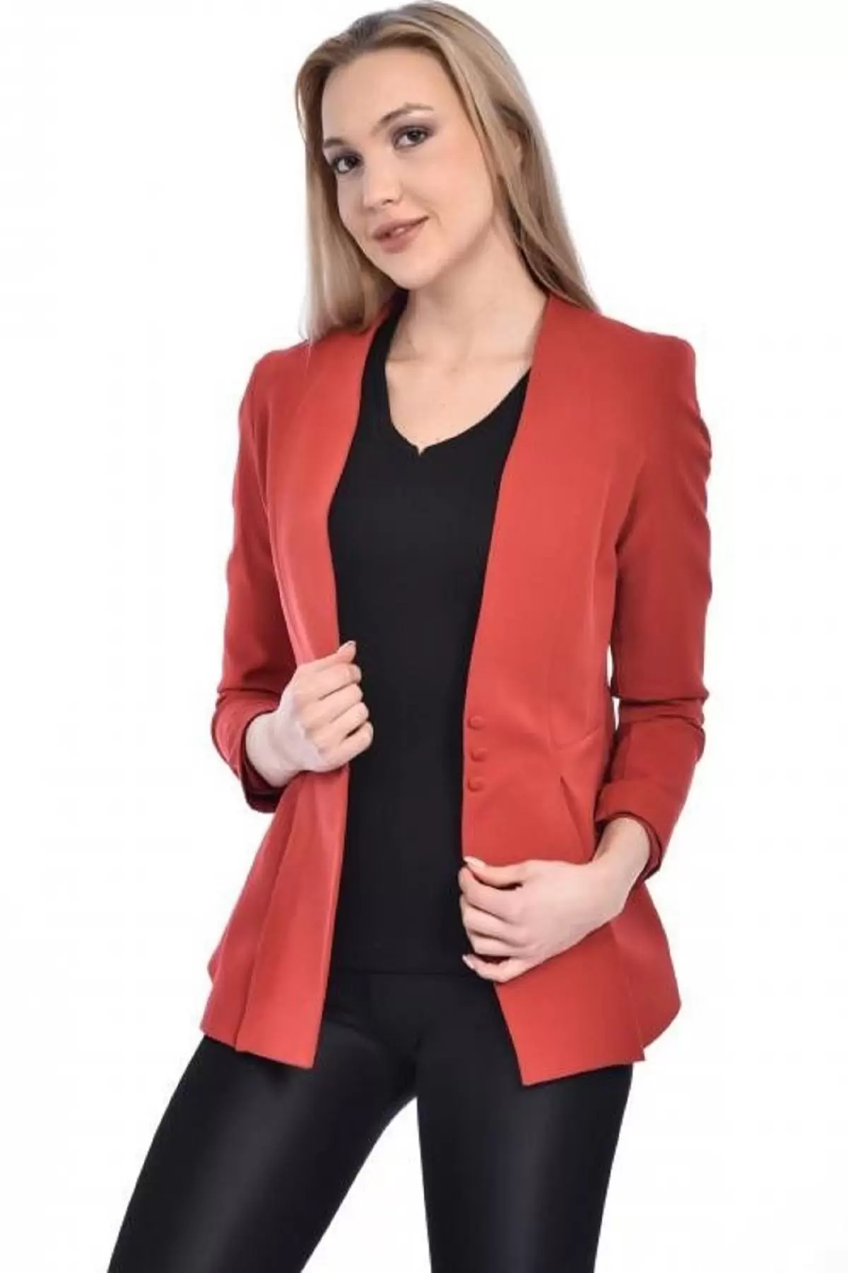 Düğme ve Pile Detaylı Blazer Kiremit Kadın Ceket
