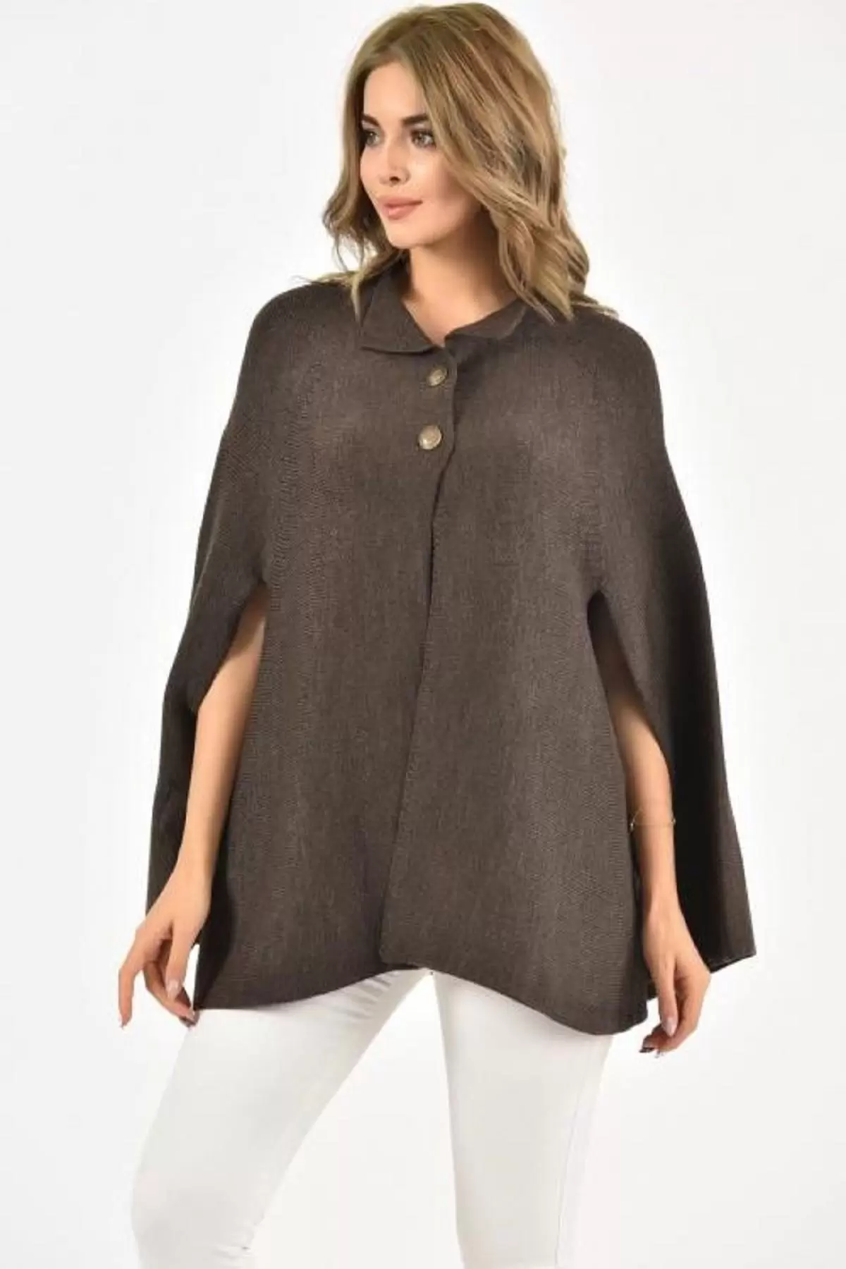 Düğmeli Metalik Örme Kahverengi Kadın Panço