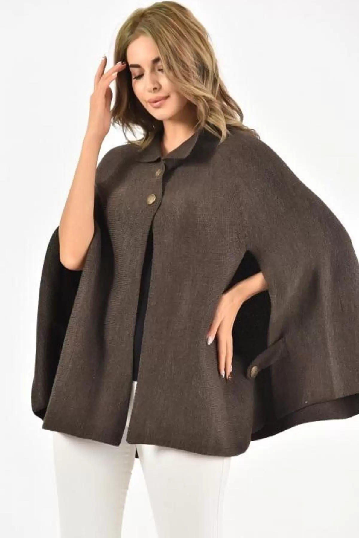 Düğmeli Metalik Örme Kahverengi Kadın Panço