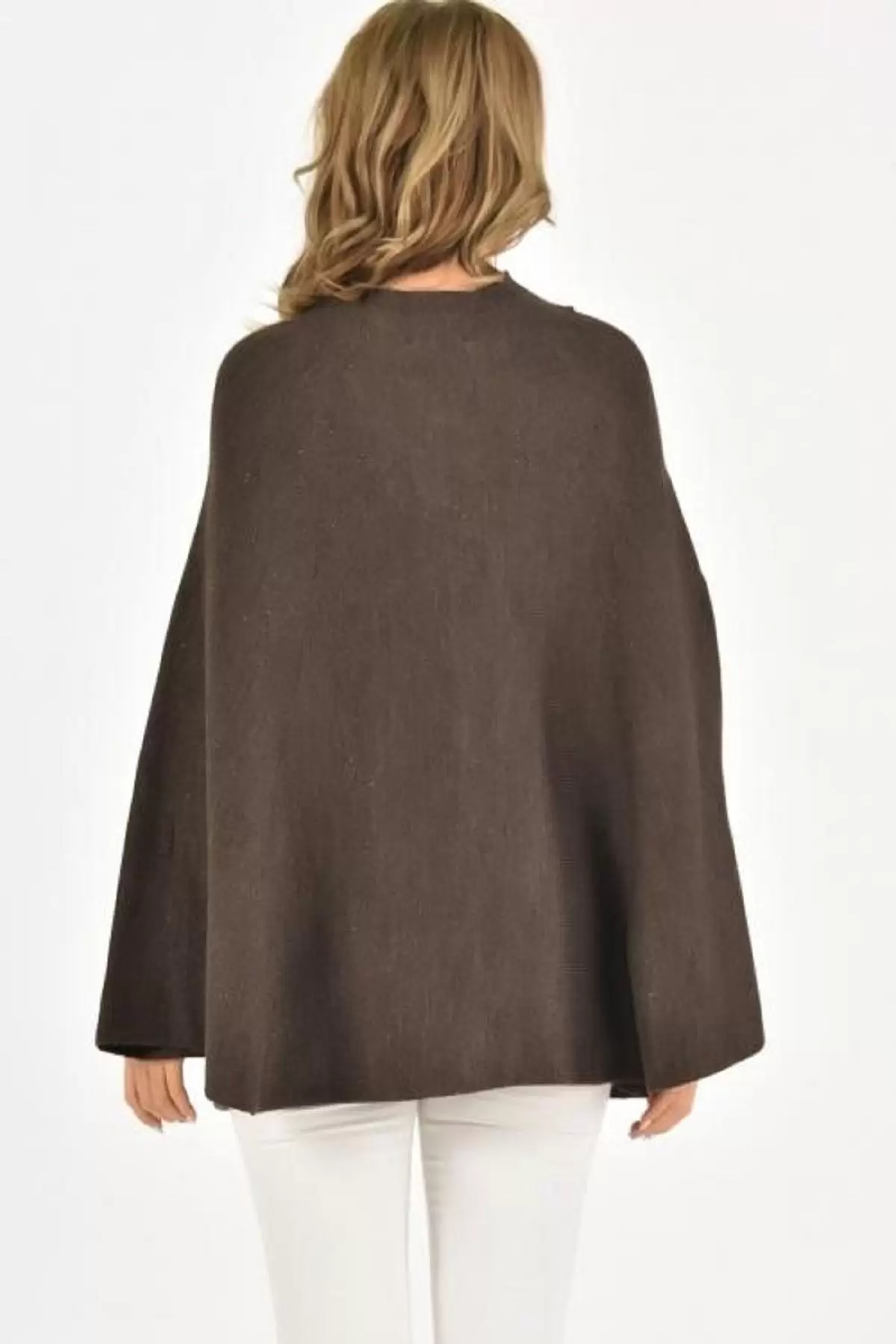 Düğmeli Metalik Örme Kahverengi Kadın Panço