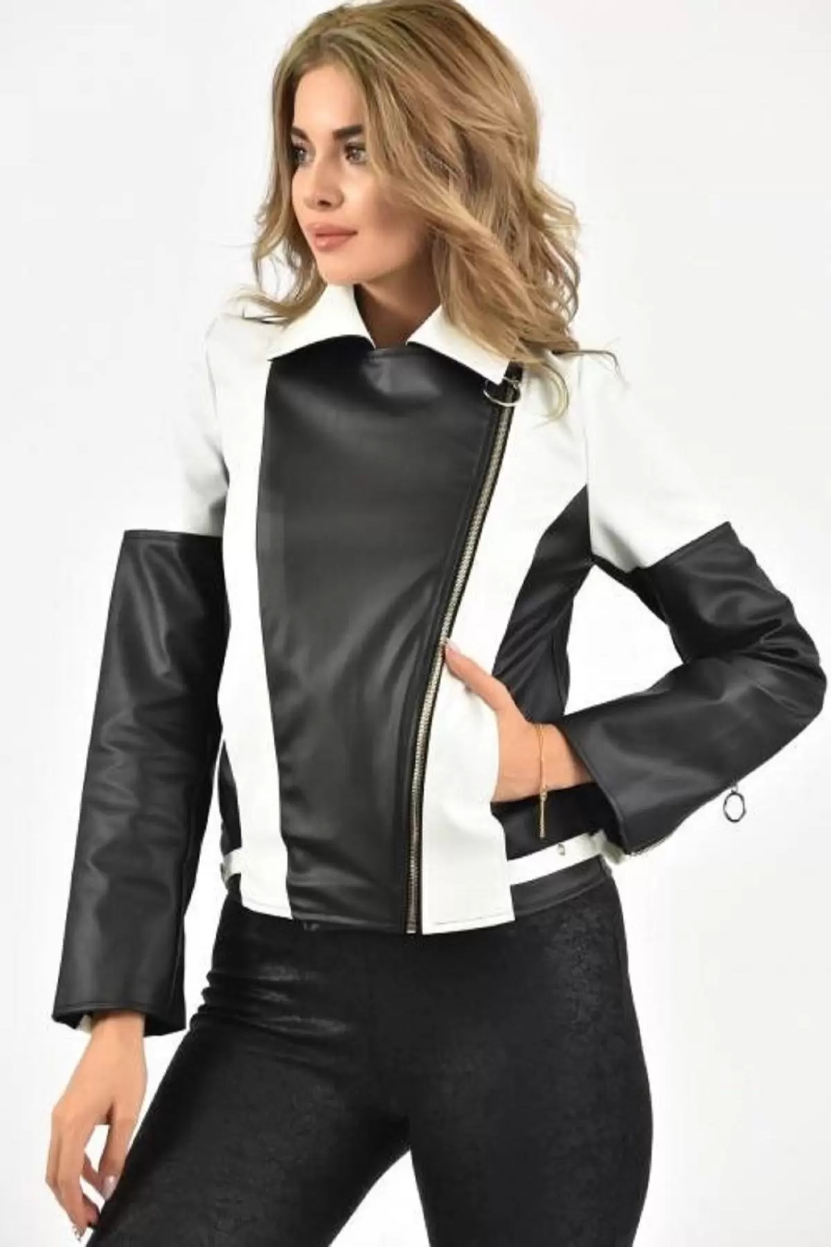 Fermuarlı Siyah Beyaz İki Renkli Kadın Deri Mont