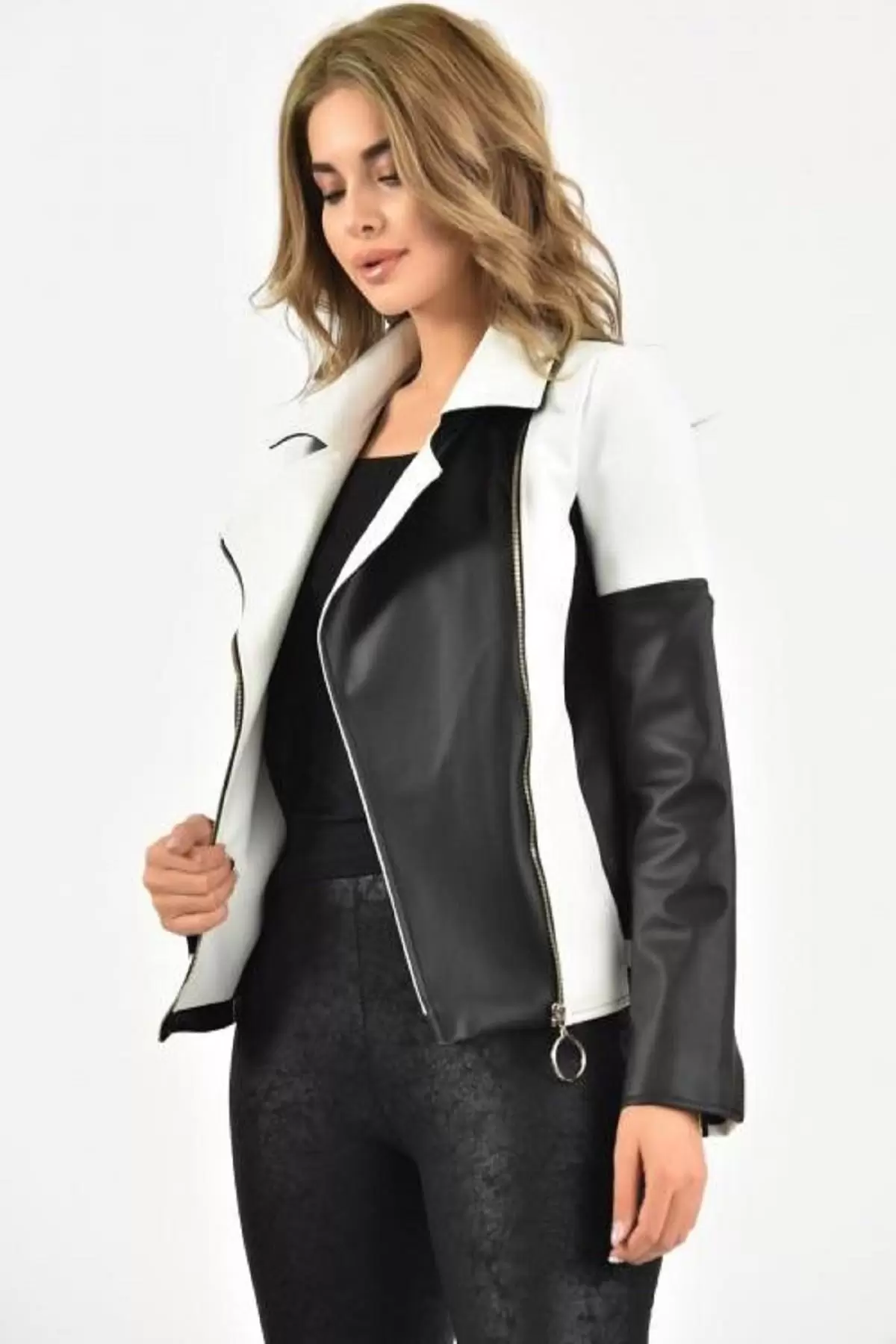 Fermuarlı Siyah Beyaz İki Renkli Kadın Deri Mont