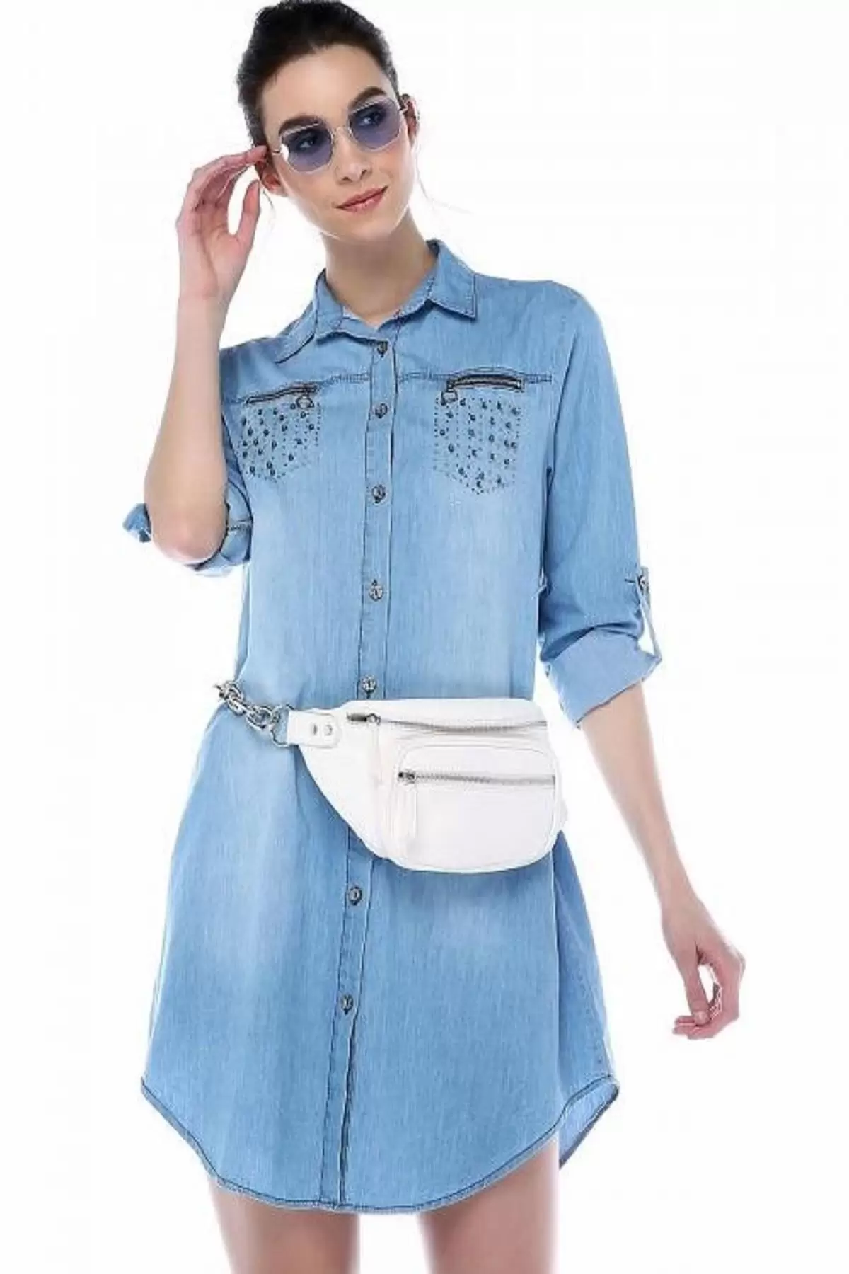 Fermuarlı ve İncili Açık Mavi Kadın Tunik