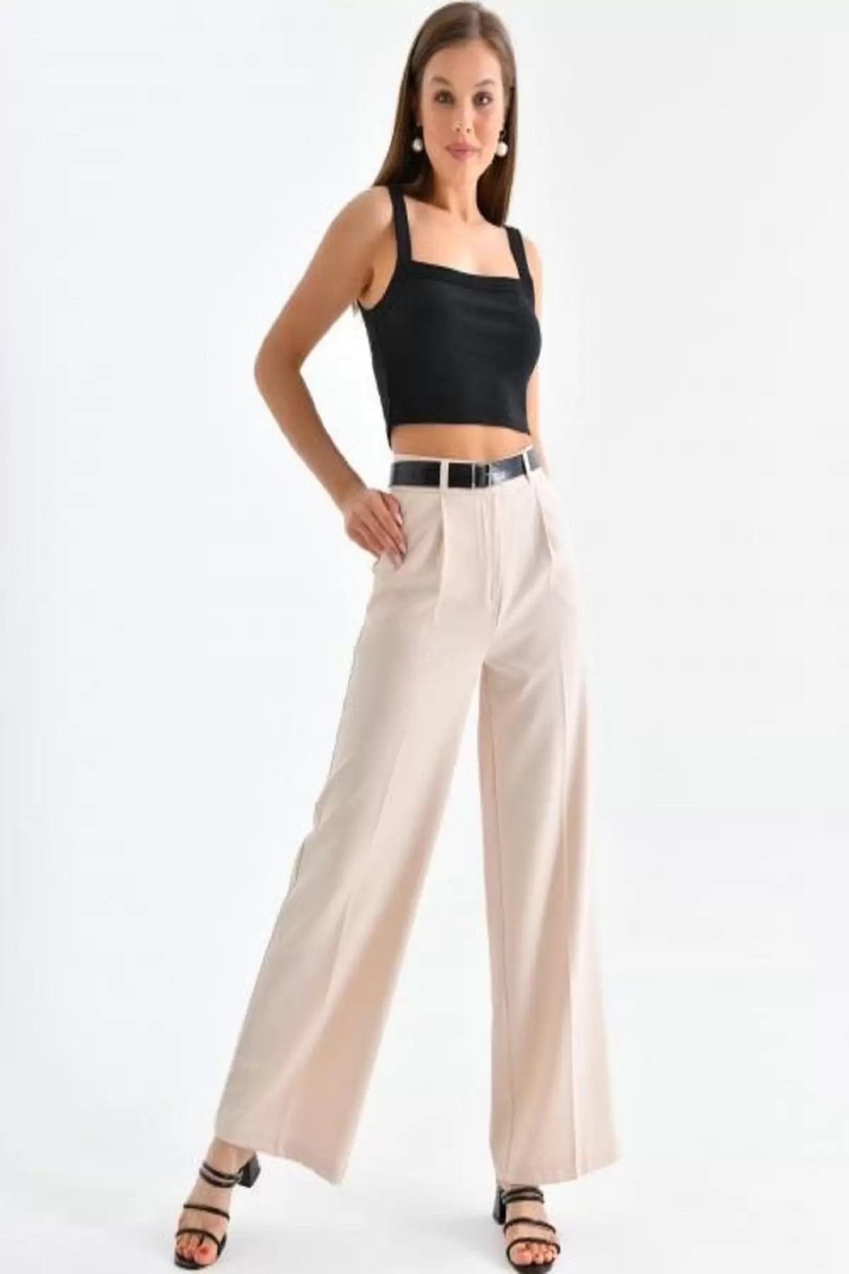 Geniş Paça Kemerli Taş Kadın Pantolon