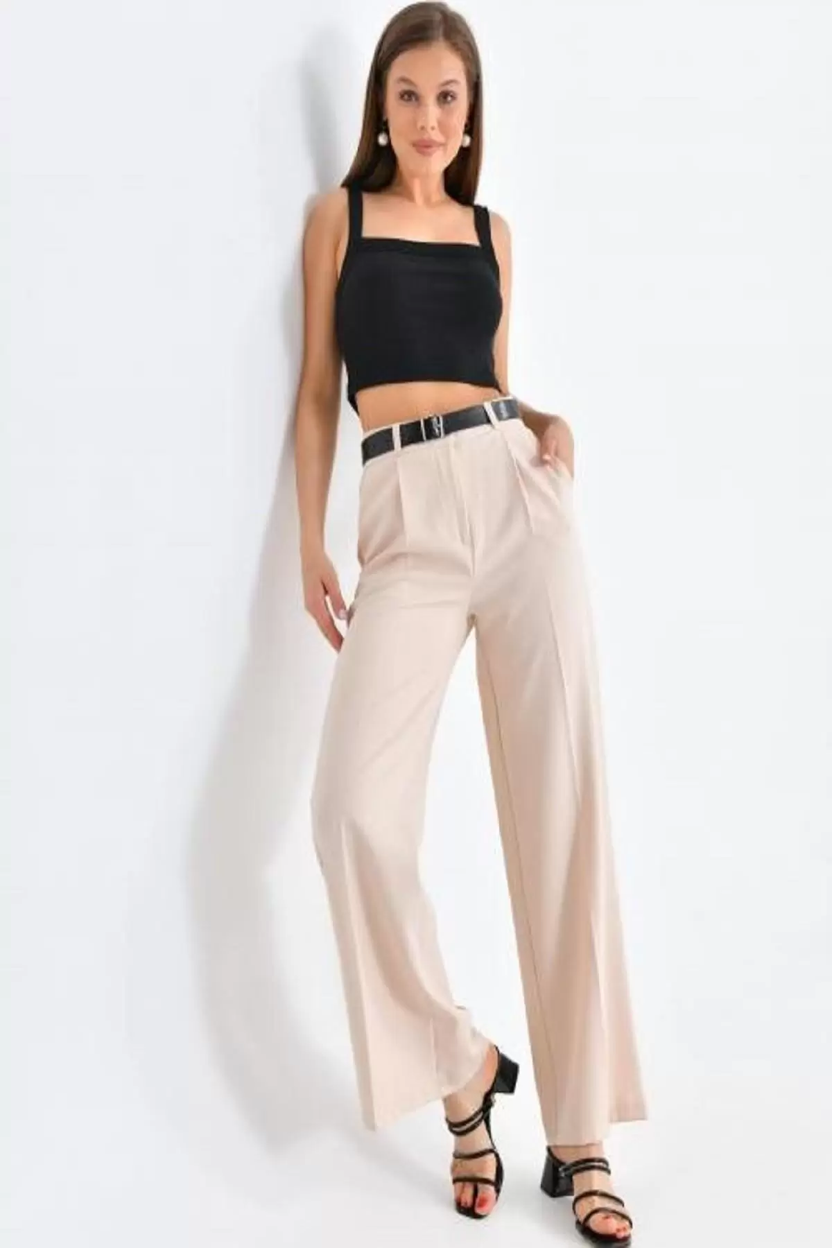 Geniş Paça Kemerli Taş Kadın Pantolon