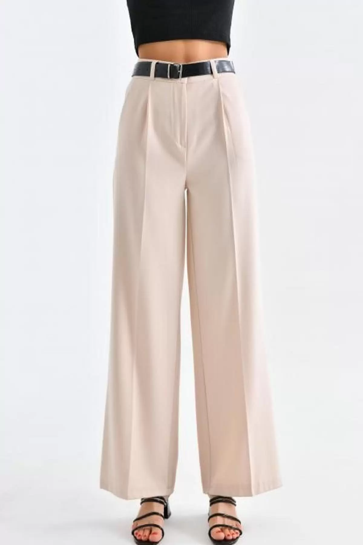 Geniş Paça Kemerli Taş Kadın Pantolon