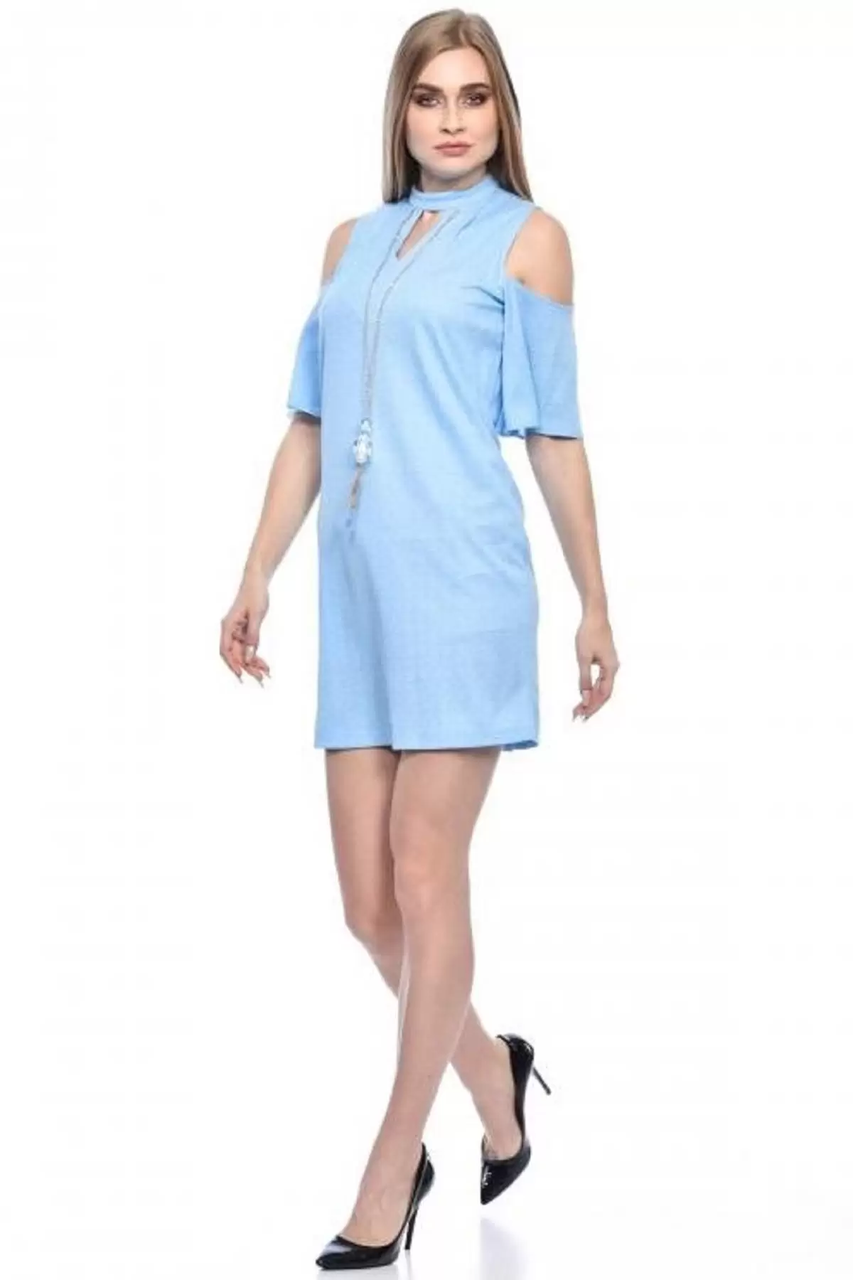 Göğüs Sırt ve Omuz Detaylı Takılı Bebe Mavi Kadın Elbise