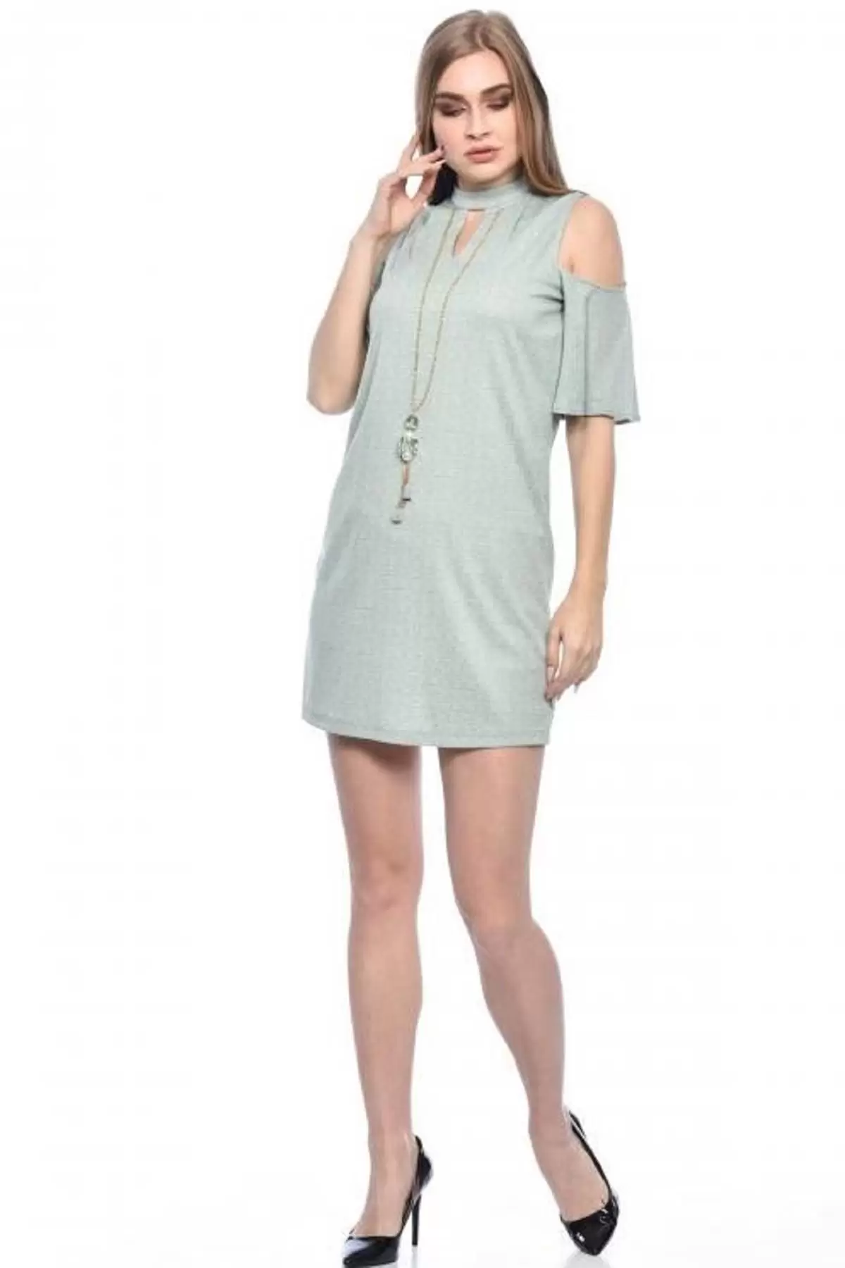 Göğüs Sırt ve Omuz Detaylı Takılı Mint Yeşil Kadın Elbise