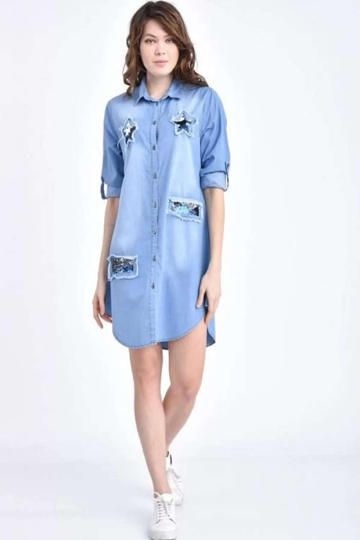 Göğüs Yıldız ve Etek Yamalı Pullu Açık Mavi Kadın Tunik