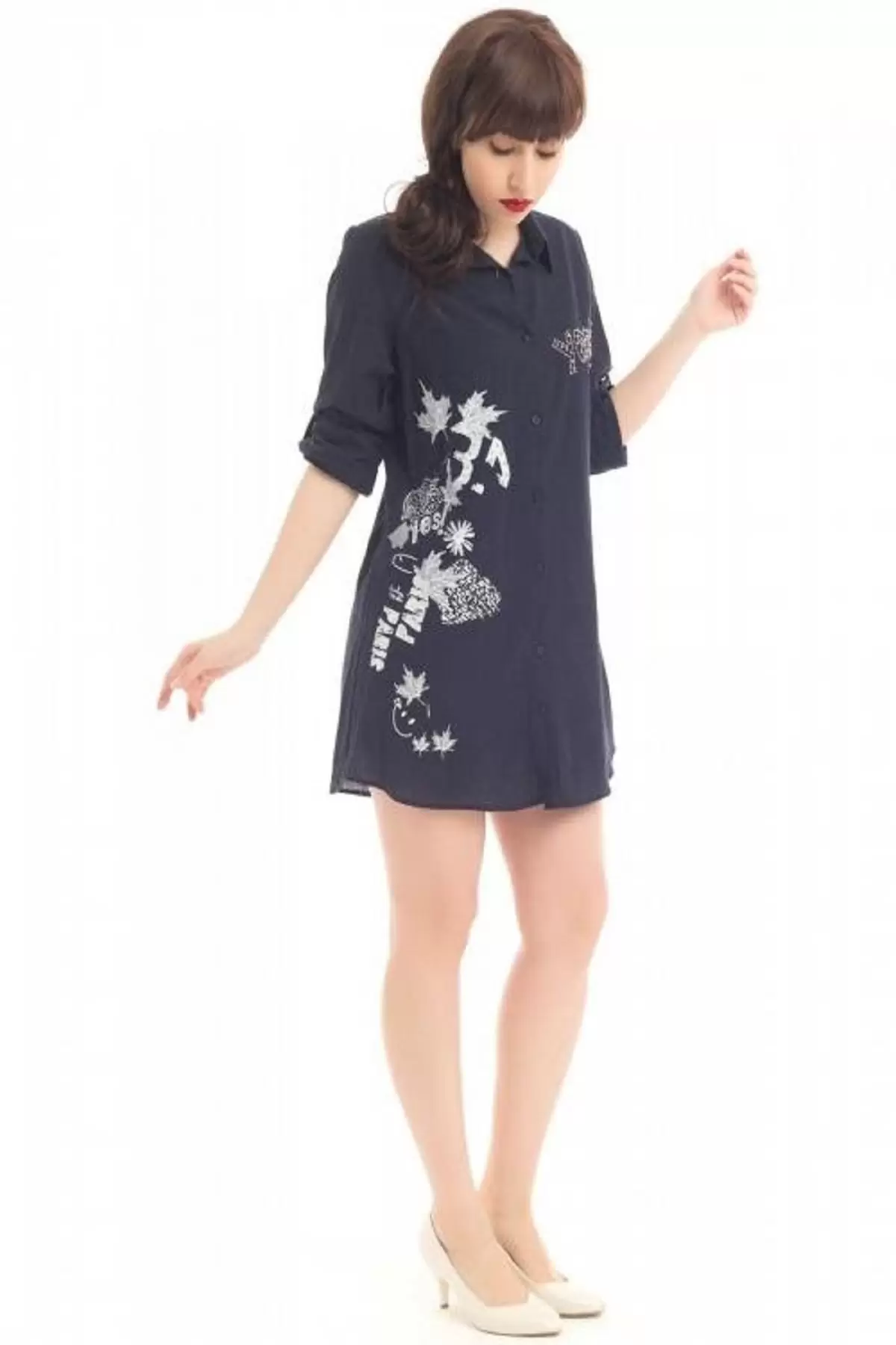 Gömlek Yaka İnci Yazı Baskılı Lacivert Kadın Keten Tunik