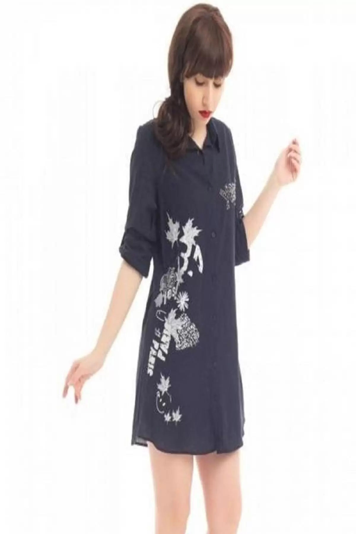 Gömlek Yaka İnci Yazı Baskılı Lacivert Kadın Keten Tunik