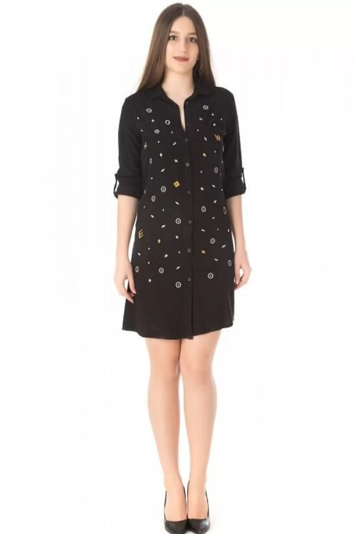 Gömlek Yaka Nakış İşlemeli Siyah Kadın Tunik