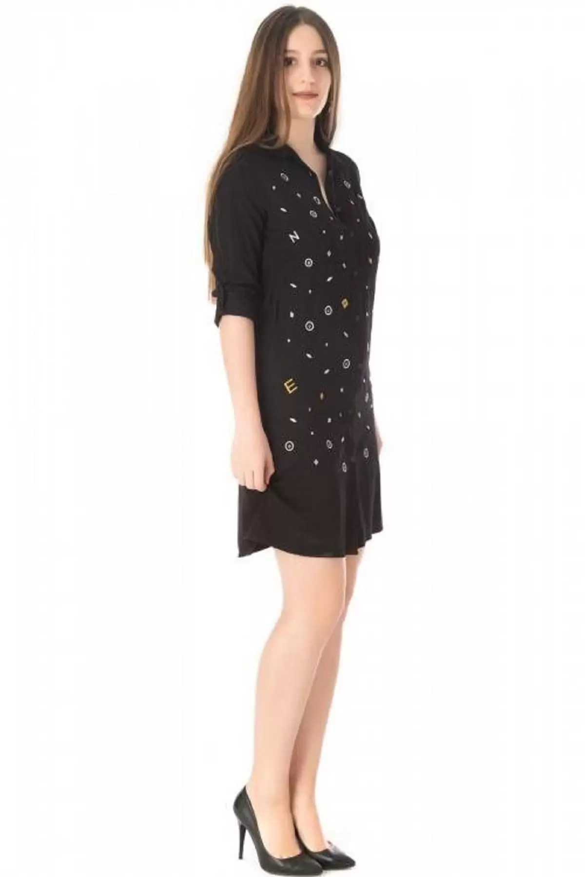 Gömlek Yaka Nakış İşlemeli Siyah Kadın Tunik