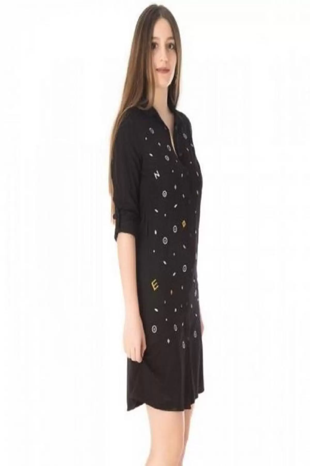 Gömlek Yaka Nakış İşlemeli Siyah Kadın Tunik