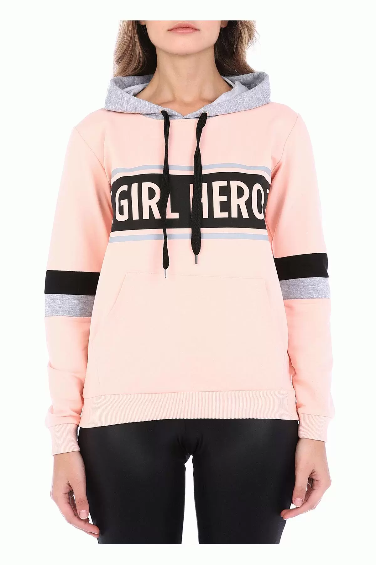 Gri Kapüşonlu Baskılı Kollu Pudra Kadın Sweatshirt