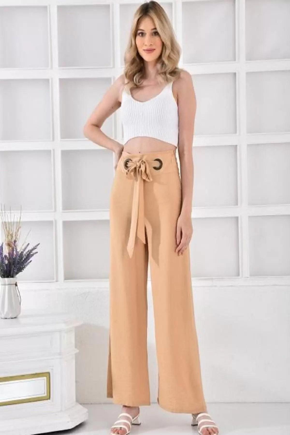 Halkalı Bol Paça Bağcıklı Camel Keten Kadın Pantolon