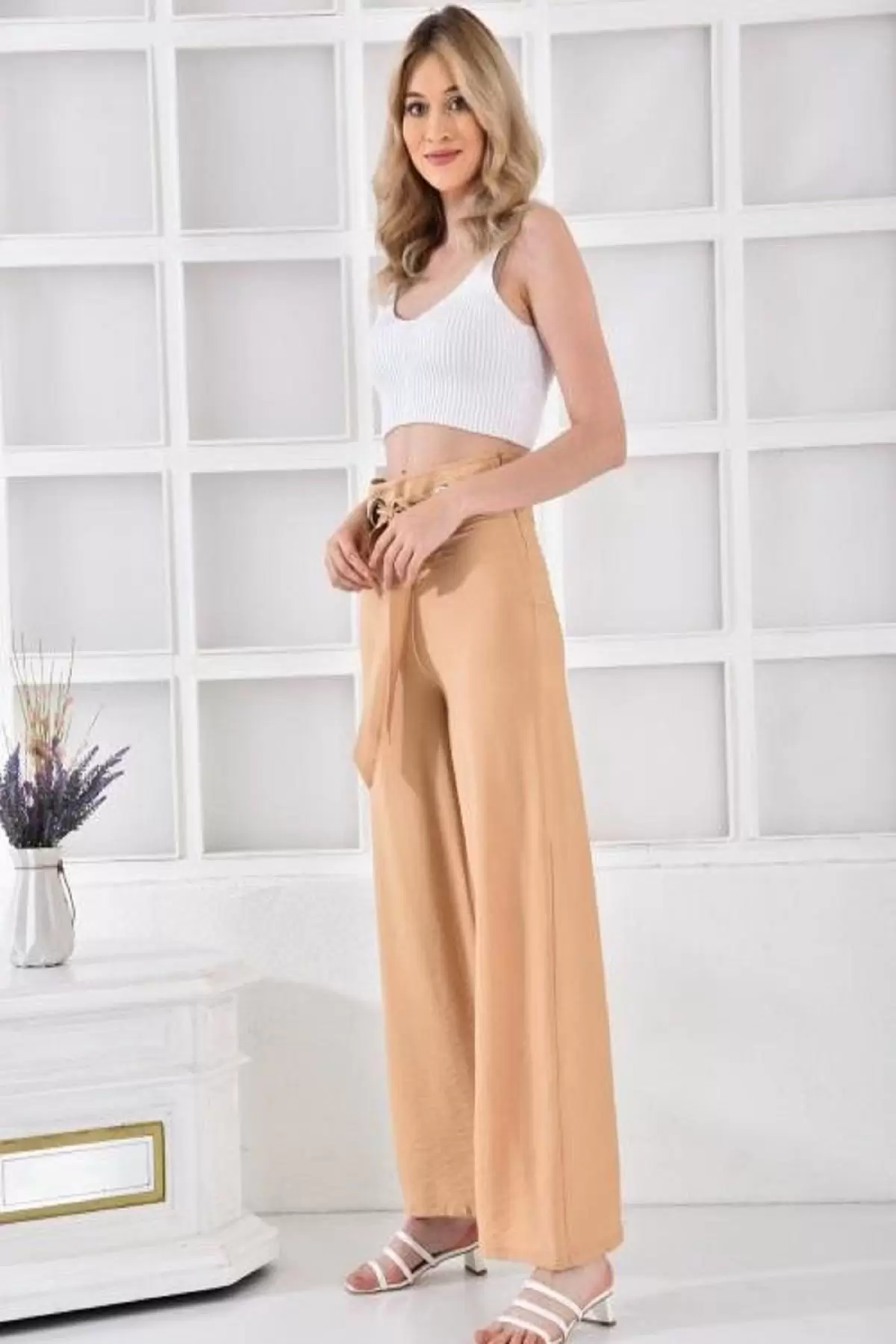 Halkalı Bol Paça Bağcıklı Camel Keten Kadın Pantolon