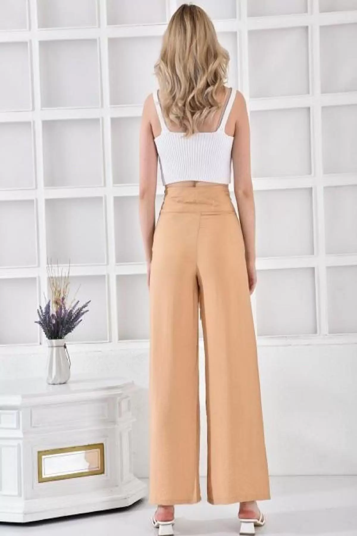 Halkalı Bol Paça Bağcıklı Camel Keten Kadın Pantolon