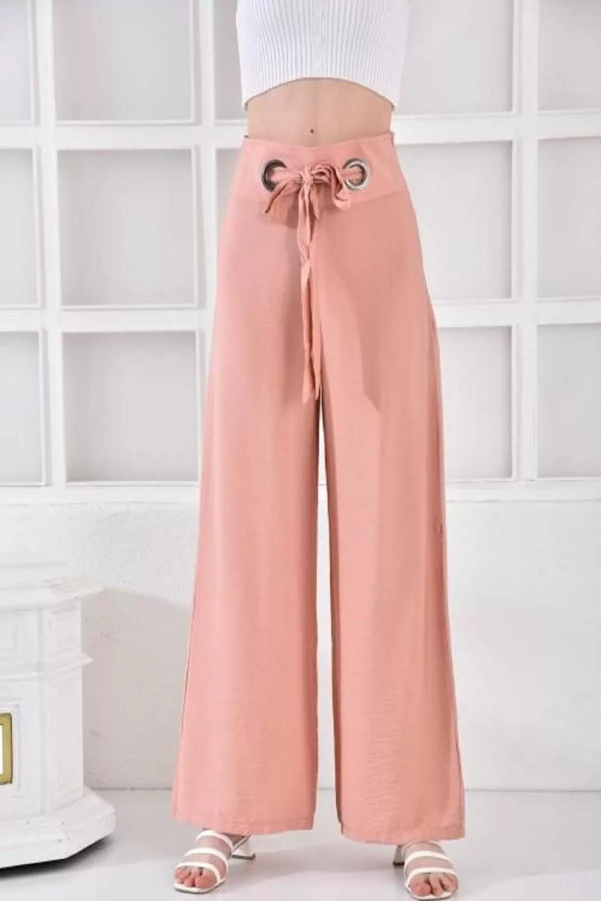 Halkalı Bol Paça Bağcıklı Pudra Keten Kadın Pantolon