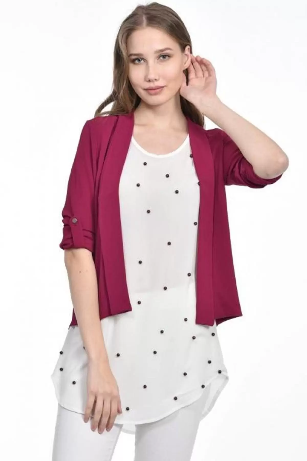 İnci Detaylı Fuşya Kadın Krep Bluz
