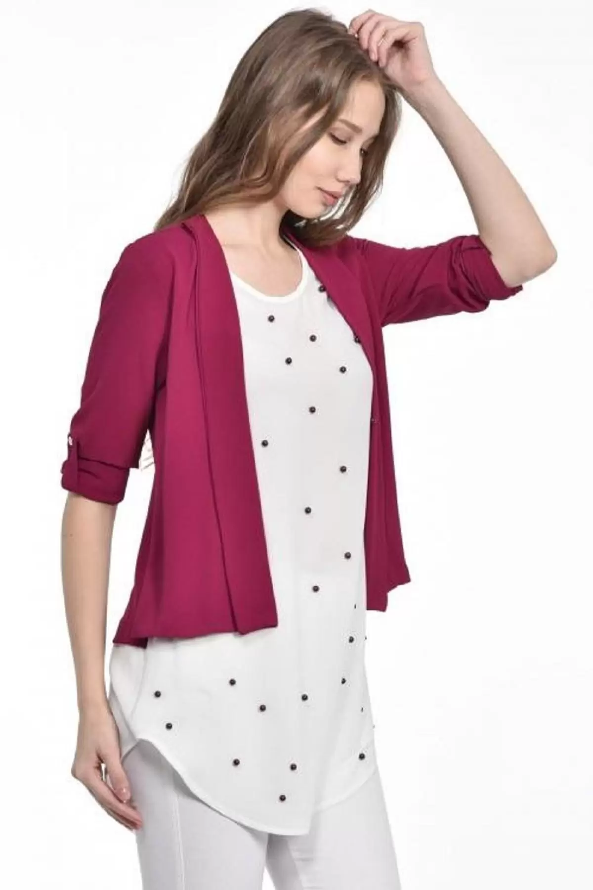 İnci Detaylı Fuşya Kadın Krep Bluz