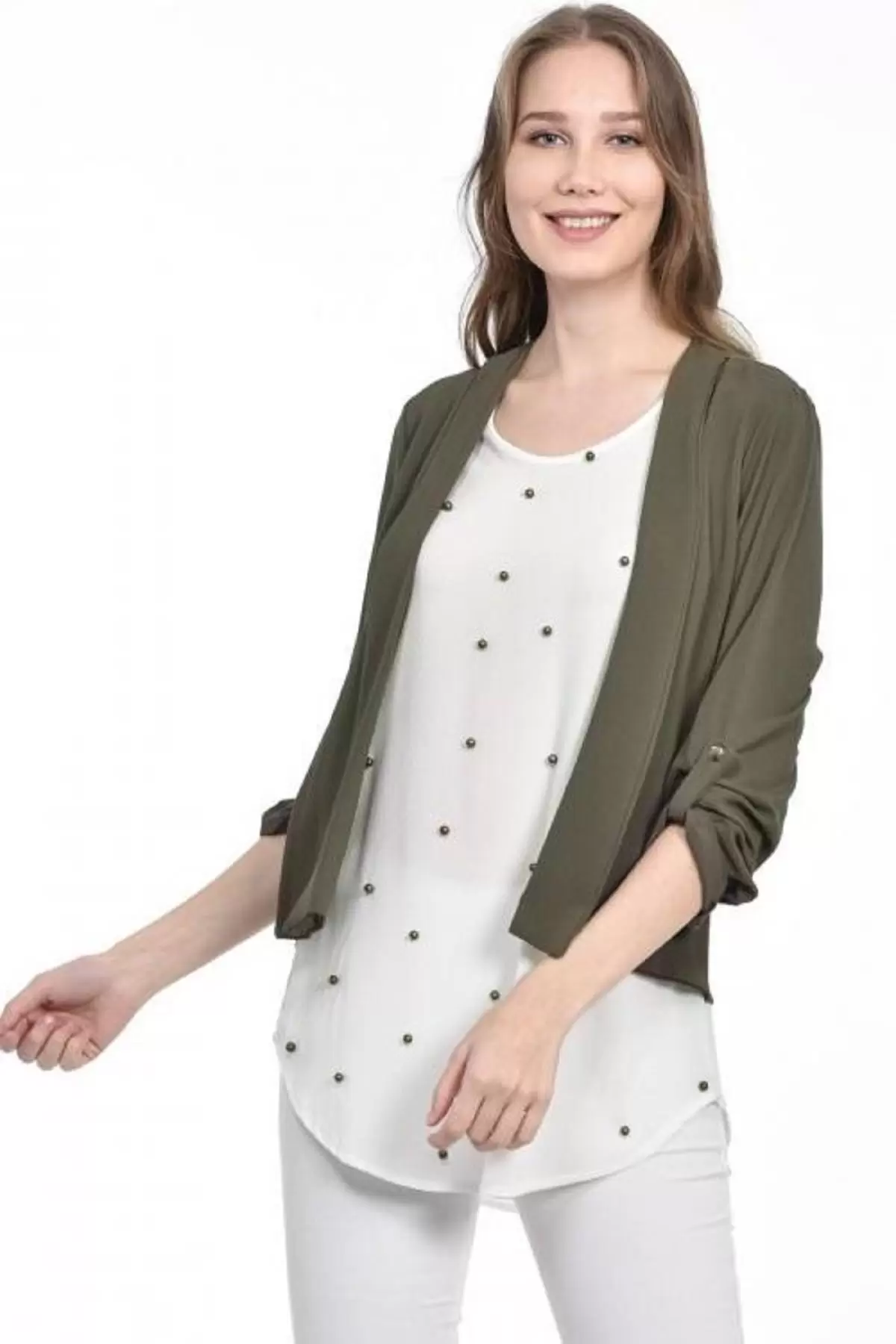 İnci Detaylı Haki Kadın Krep Bluz