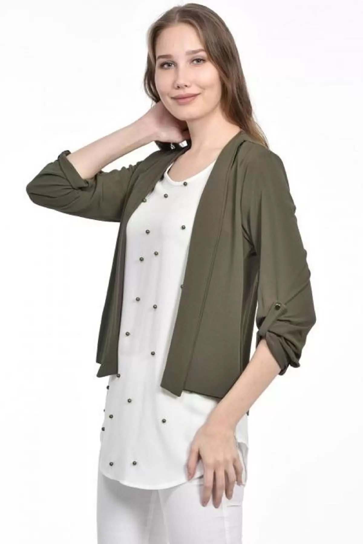 İnci Detaylı Haki Kadın Krep Bluz