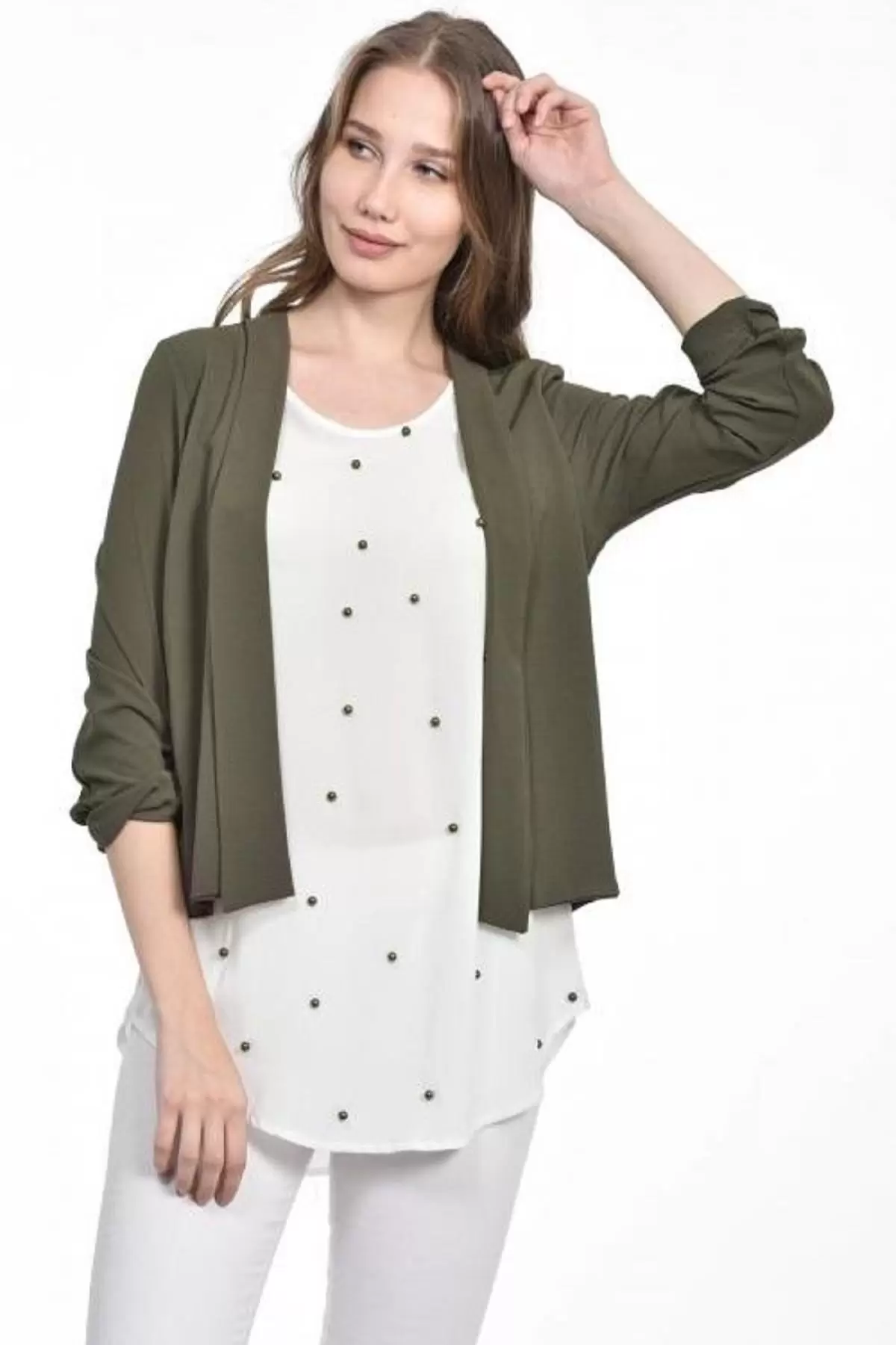 İnci Detaylı Haki Kadın Krep Bluz