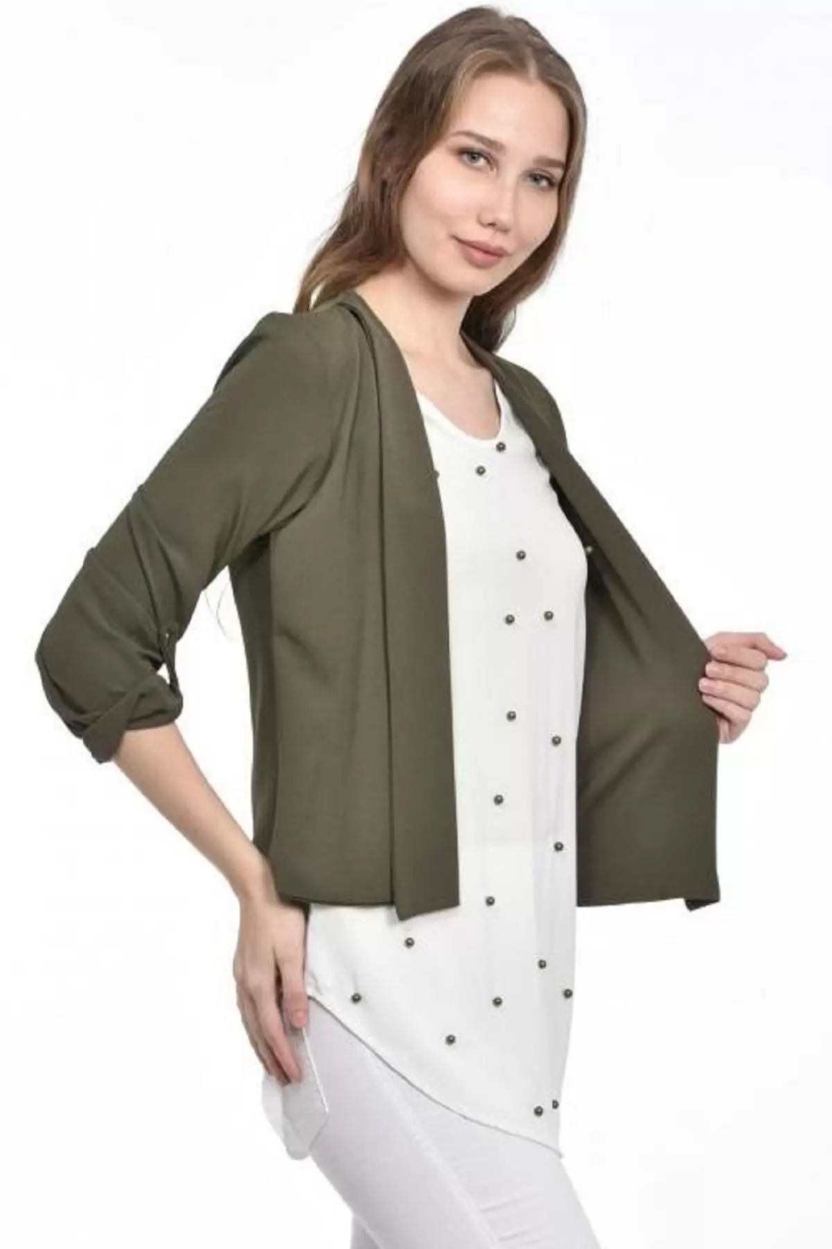 İnci Detaylı Haki Kadın Krep Bluz