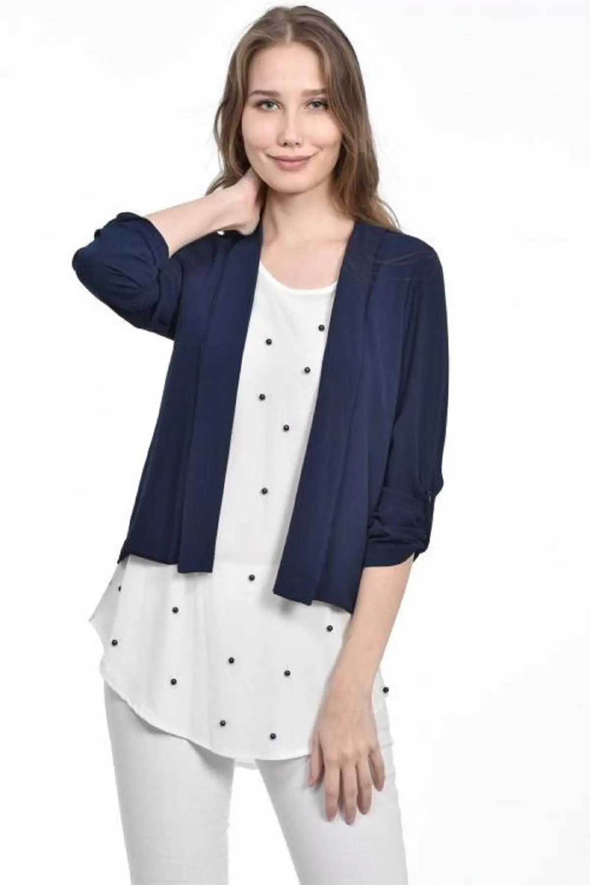 İnci Detaylı Lacivert Kadın Krep Bluz