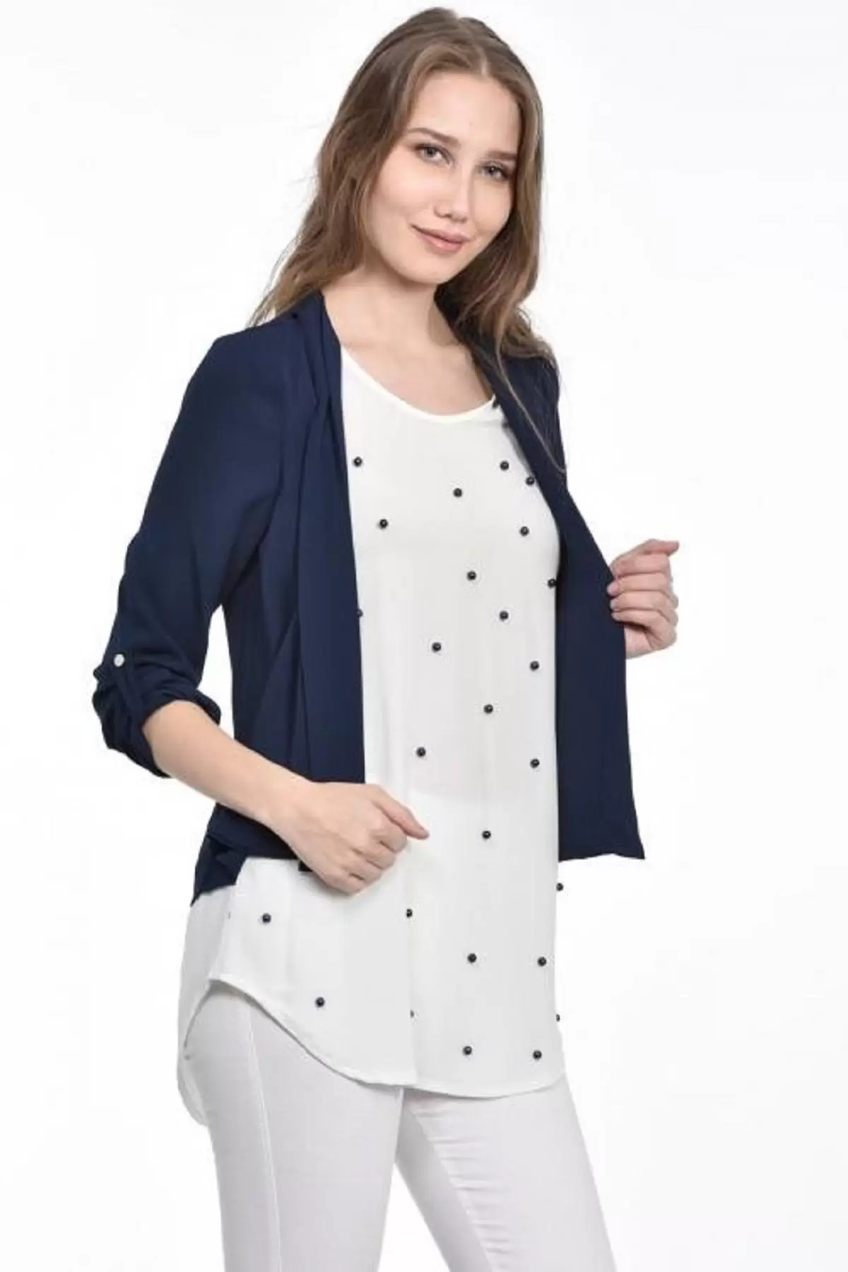 İnci Detaylı Lacivert Kadın Krep Bluz
