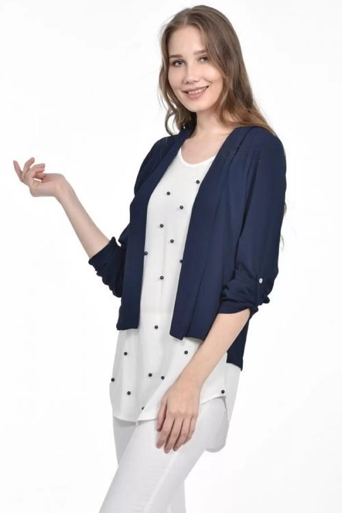 İnci Detaylı Lacivert Kadın Krep Bluz