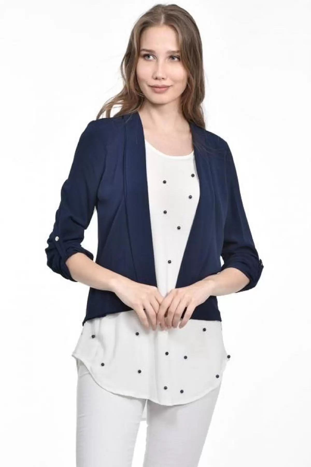 İnci Detaylı Lacivert Kadın Krep Bluz
