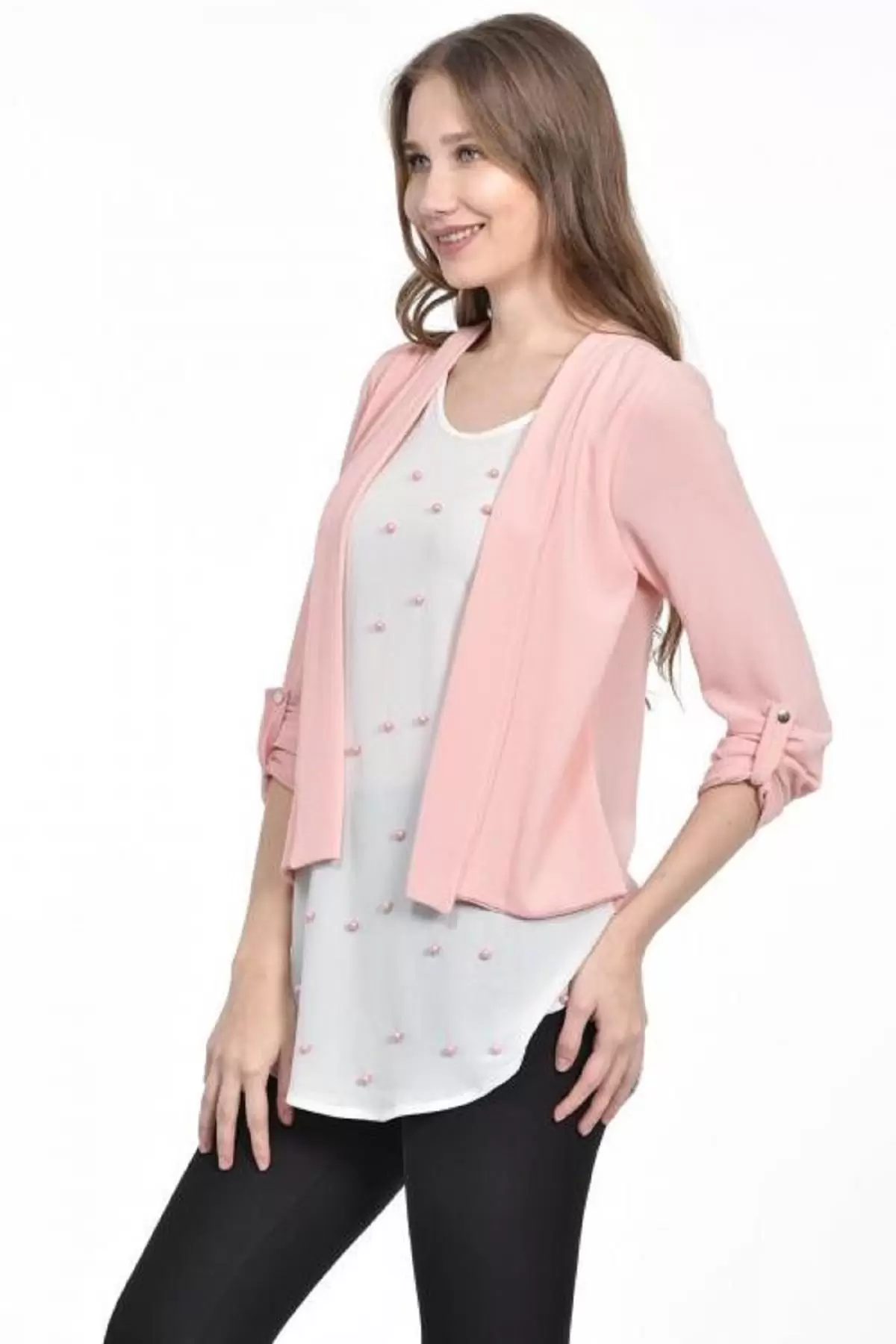 İnci Detaylı Pudra Kadın Krep Bluz