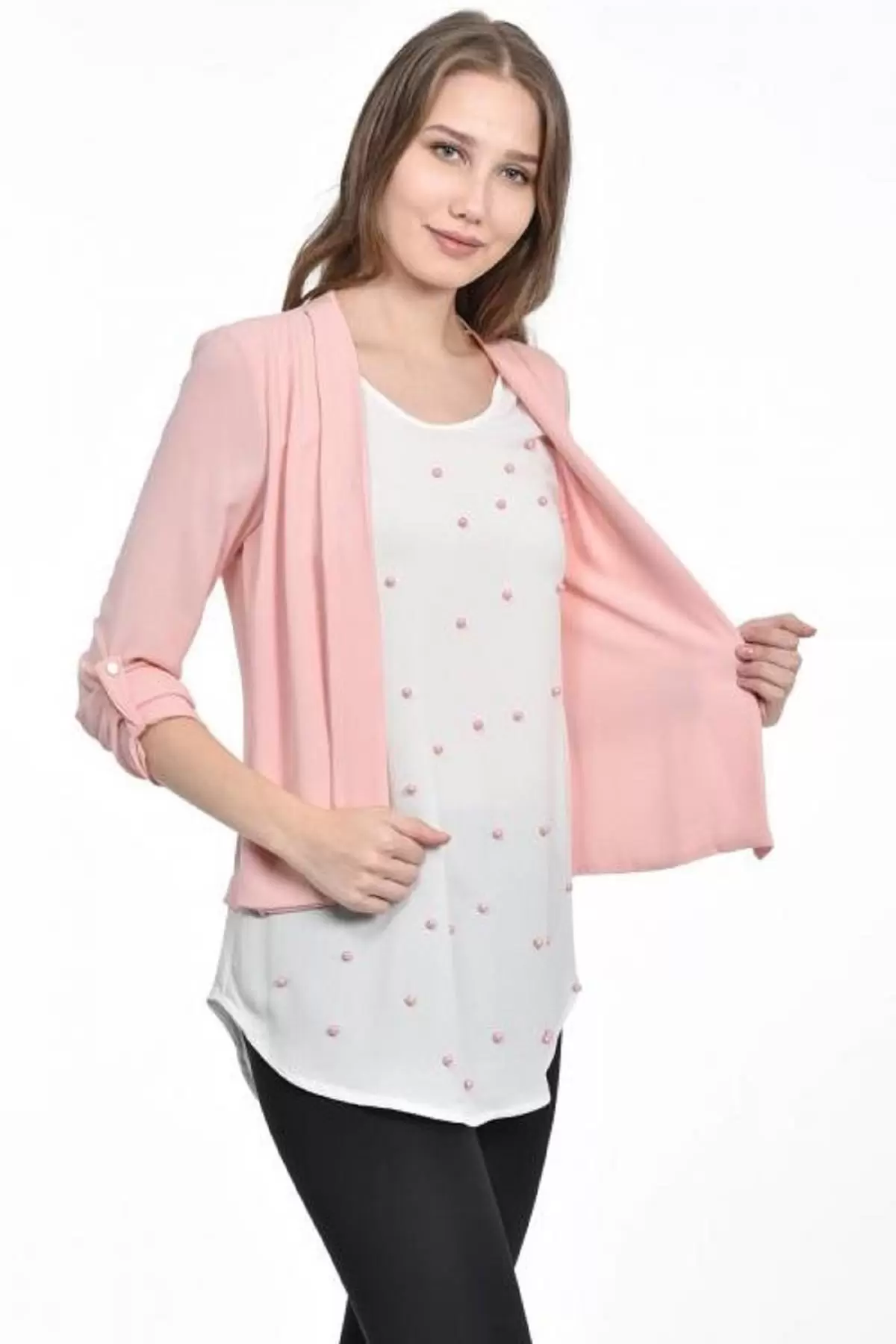 İnci Detaylı Pudra Kadın Krep Bluz