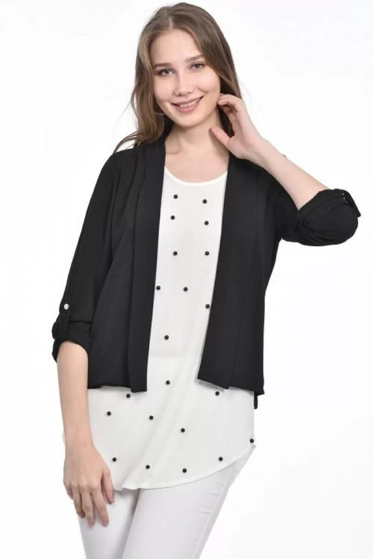 İnci Detaylı Siyah Kadın Krep Bluz