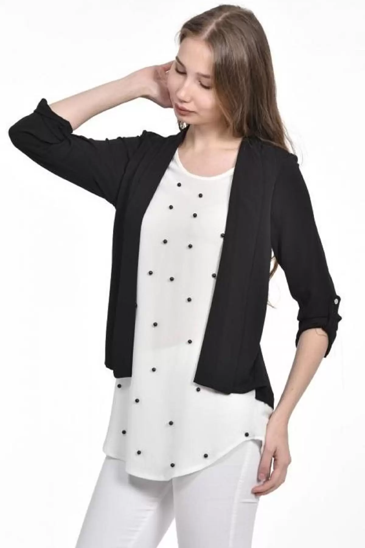 İnci Detaylı Siyah Kadın Krep Bluz