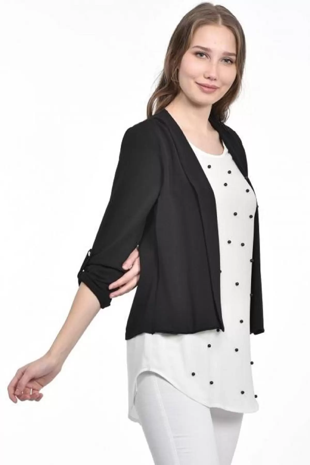 İnci Detaylı Siyah Kadın Krep Bluz