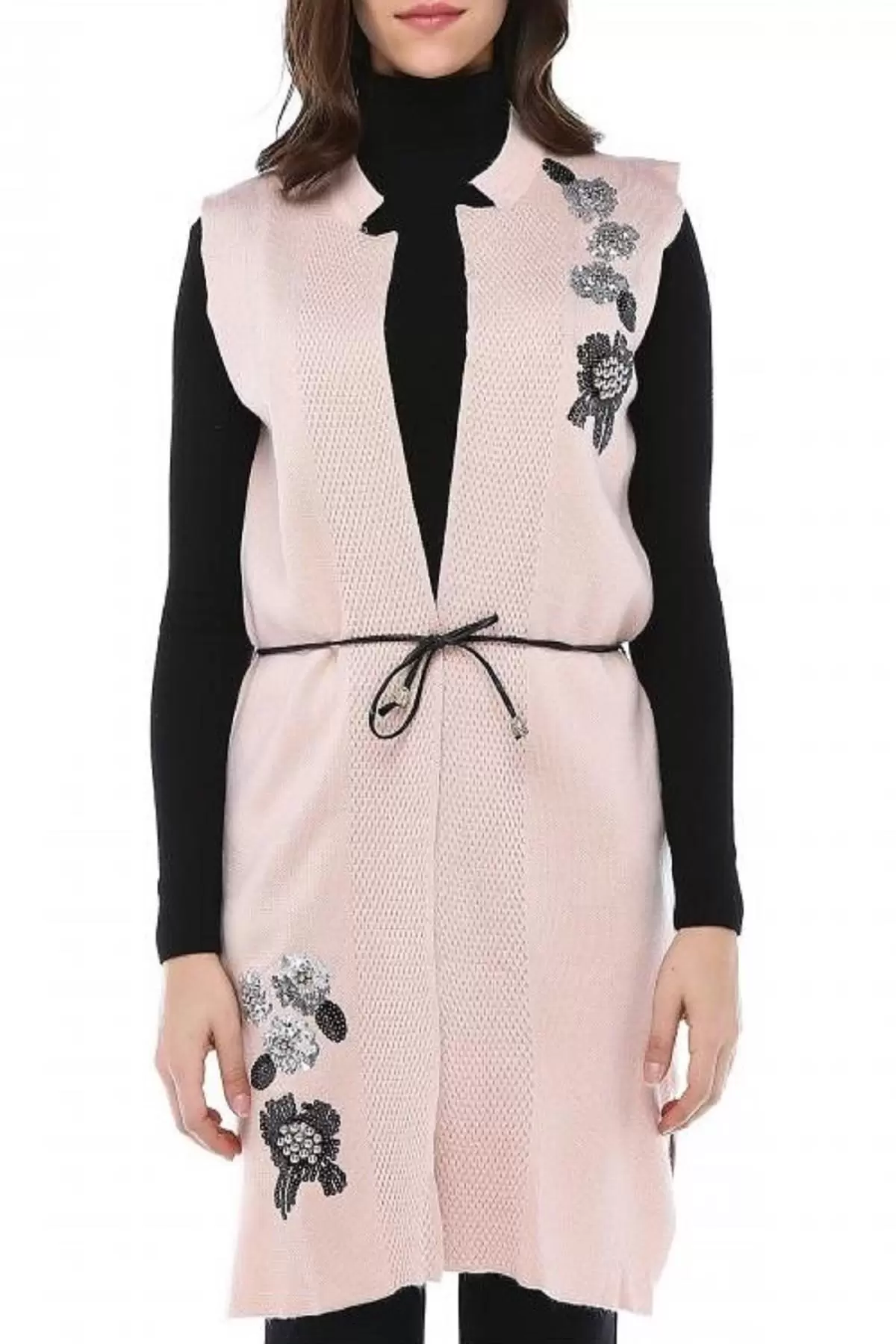 İncili ve Pullu Somon Triko Kadın Yelek