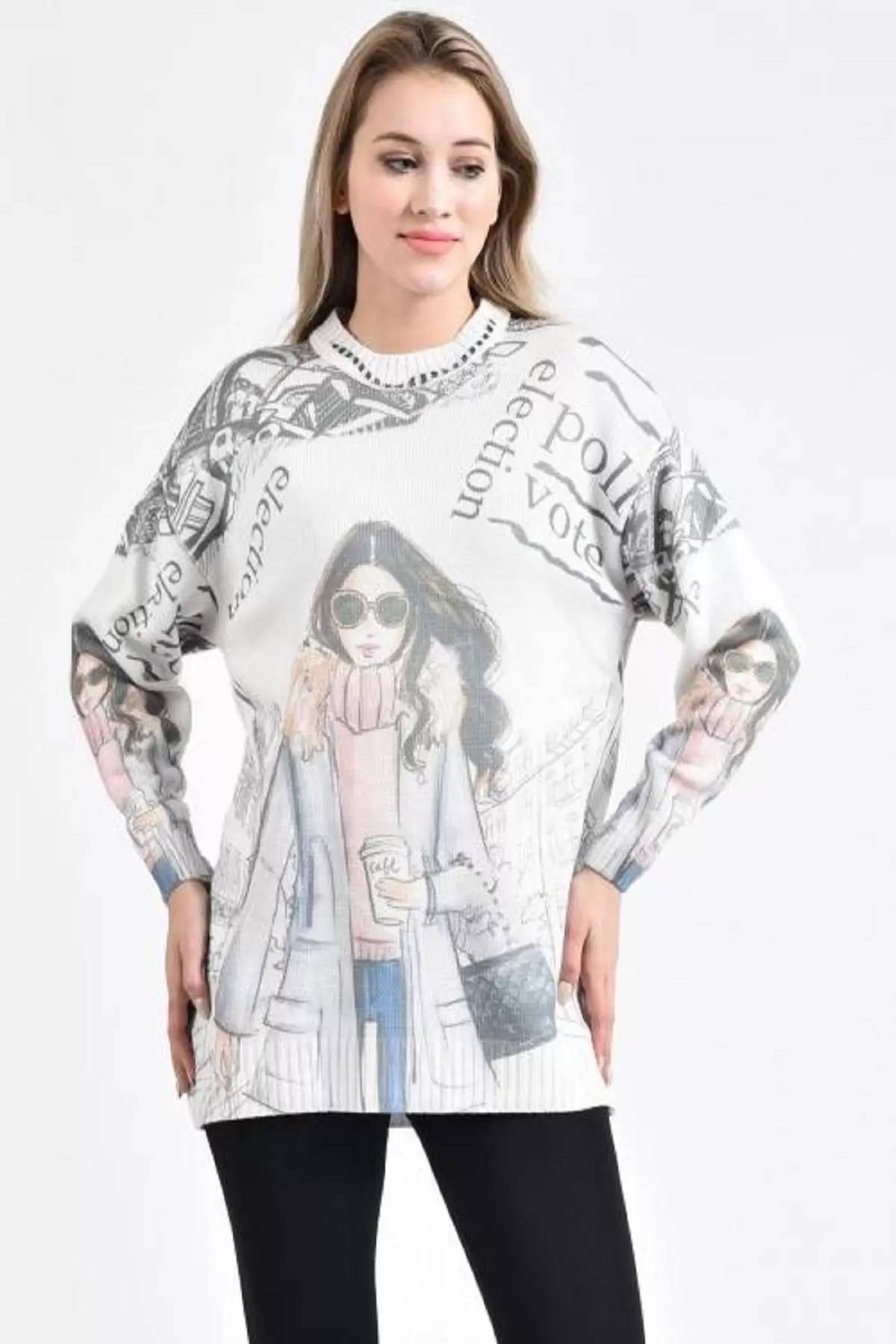 Kadın ve Yazı Baskılı Ekru-Gri Kadın Kazak