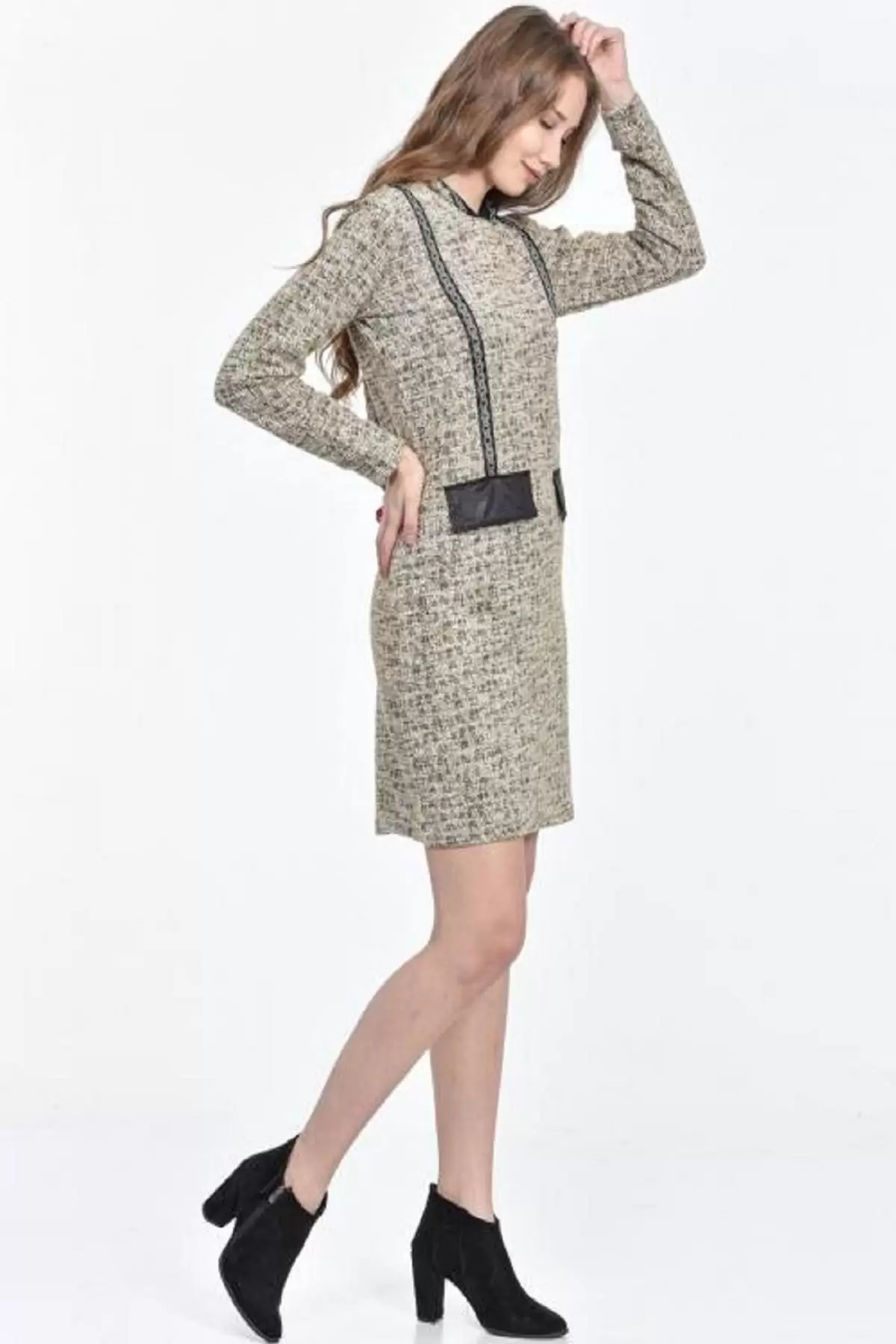 Kapüşonlu Cep ve Şeritli Kırçıllı Kahve Kadın Elbise