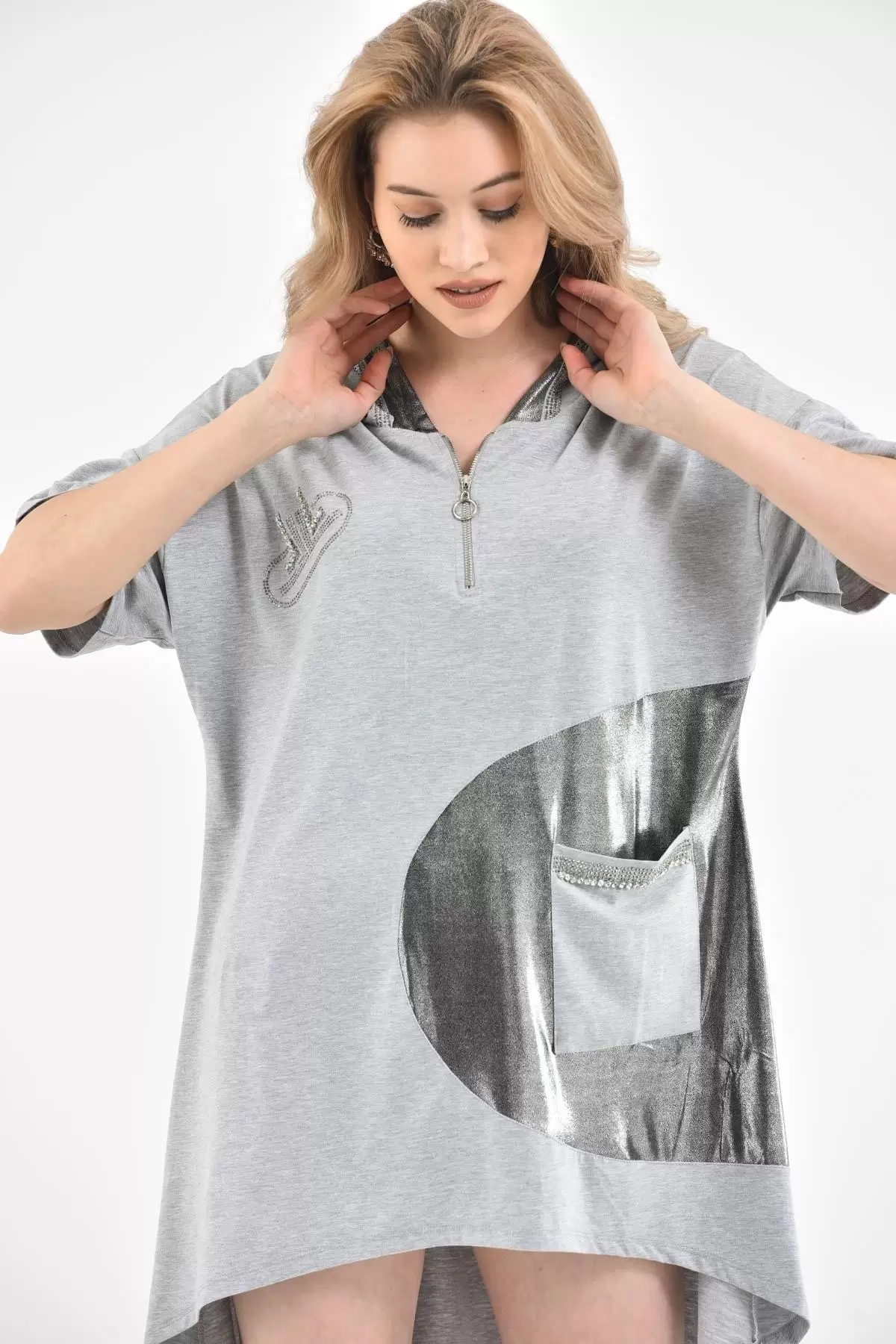 Kapüşonlu Fermuarlı Taş Dizinli Cepli Gri Kadın Elbise