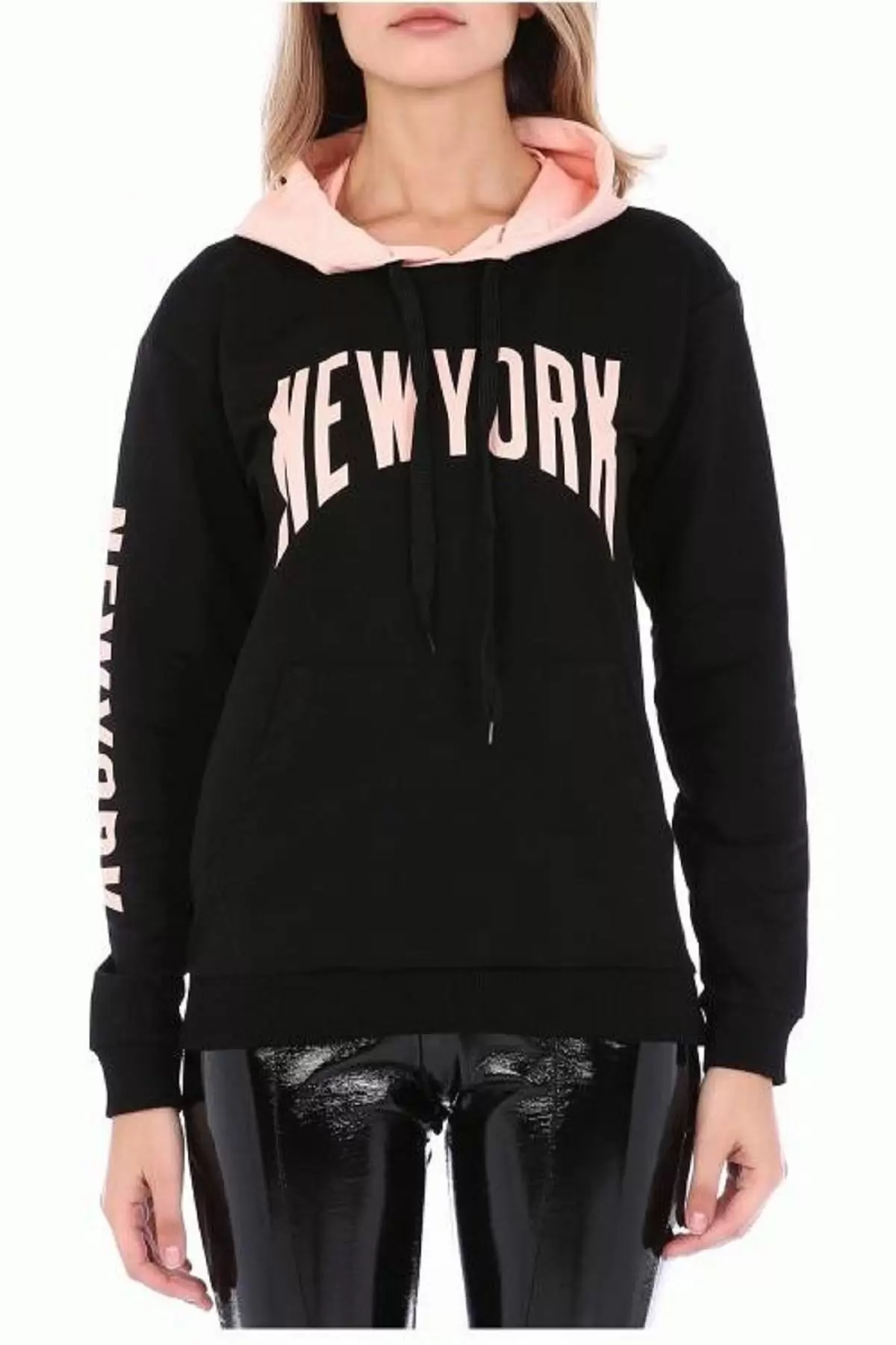 Kapüşonlu Kol ve Göğüs Baskılı Siyah Kadın Sweatshirt