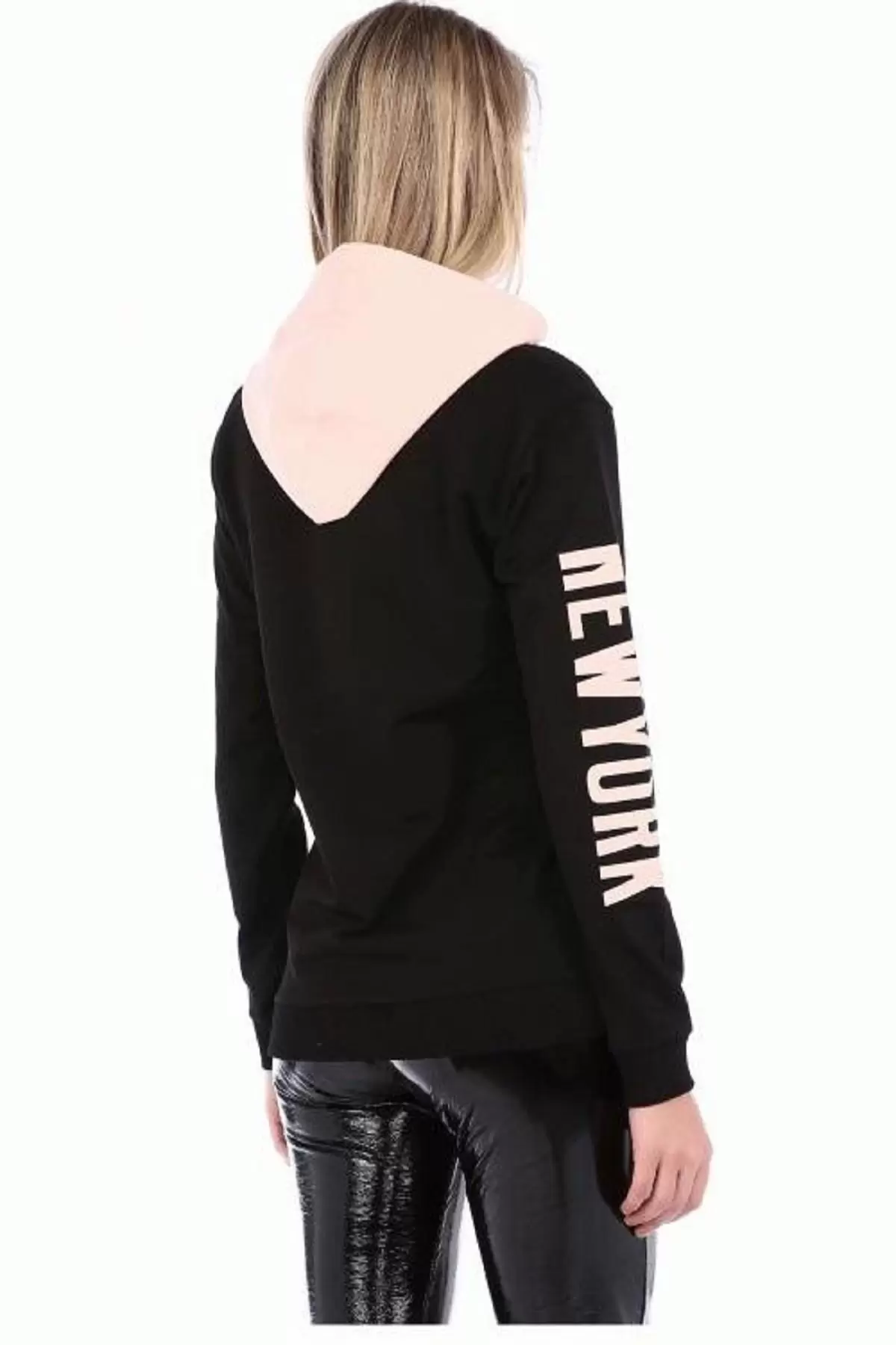 Kapüşonlu Kol ve Göğüs Baskılı Siyah Kadın Sweatshirt